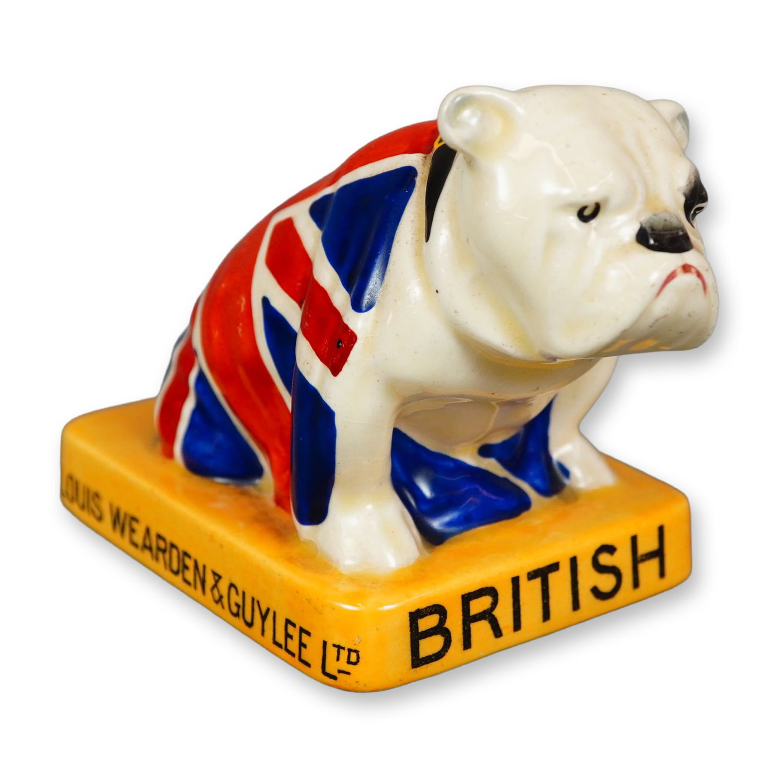 Royal Doulton with Louis Wearden & Guylee Ltd. British Bulldog Advertising Figurine: Advertising figurine produced through a collaboration between Royal Doulton and Louis Wearden & Guylee Ltd. in the 1930s. Commissioned as a promotional piece for the tool manufacturer, the figure depi