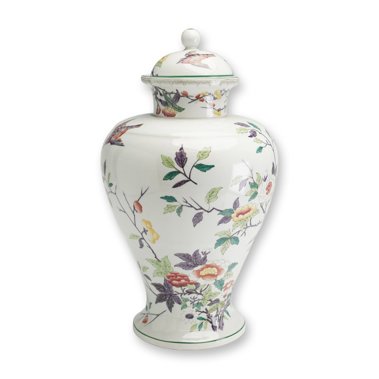 Wedgwood Hand-Painted Bone China Chinoiserie Baluster Vase and Cover: This bone china vase and matching domed cover feature a baluster form with a spreading foot and flared neck. Produced by Wedgwood, the piece is decorated in a Chinoiserie style with hand-painted botan