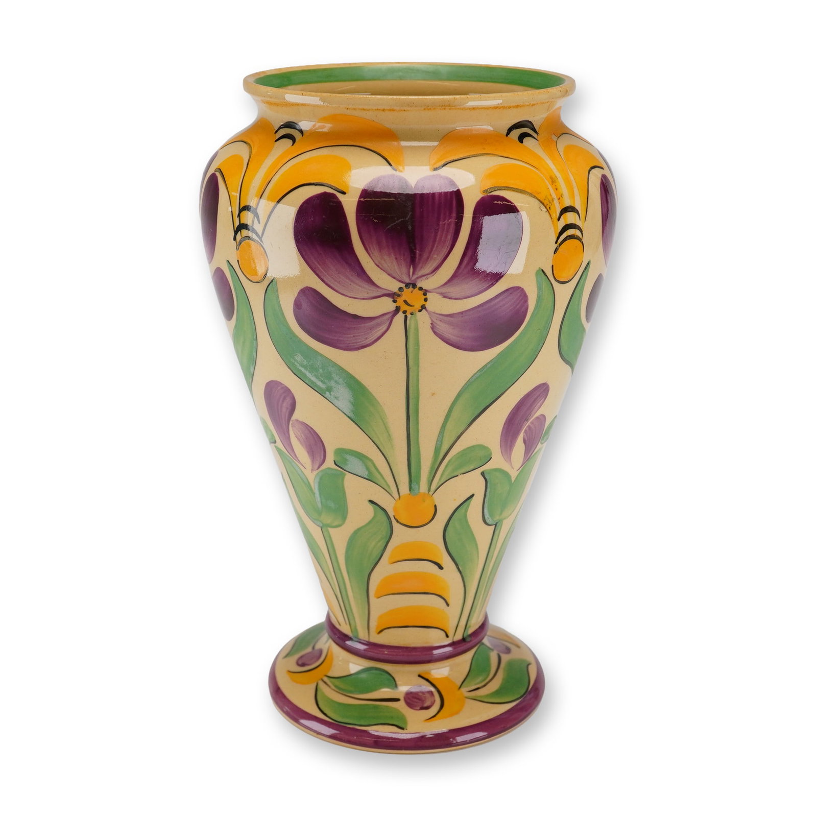 Wedgwood by Millicent Taplin Sun-Lit Pattern Ceramic Vase: A hand-painted Art Deco earthenware vase produced by Wedgwood, featuring the Sun-Lit pattern designed by Millicent Taplin. The vessel is of a flared baluster form with a stepped, footed base and a sli