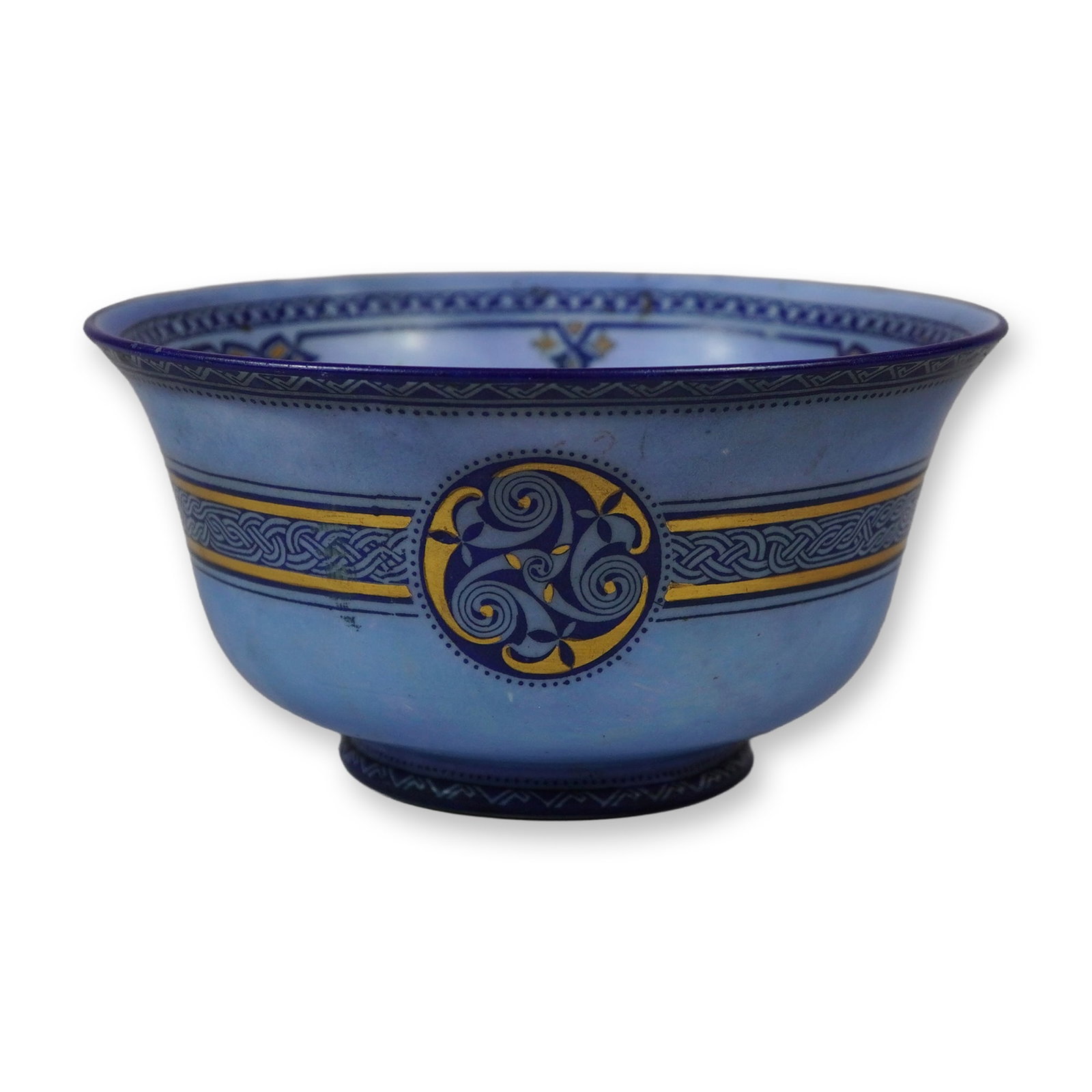 Wedgwood Celtic Pattern Luster Bone China Footed Bowl: A Wedgwood fine bone china footed bowl with a flared rim, featuring the Celtic pattern. The exterior is decorated with an iridescent powder blue luster glaze. A prominent circular medallion on the sid