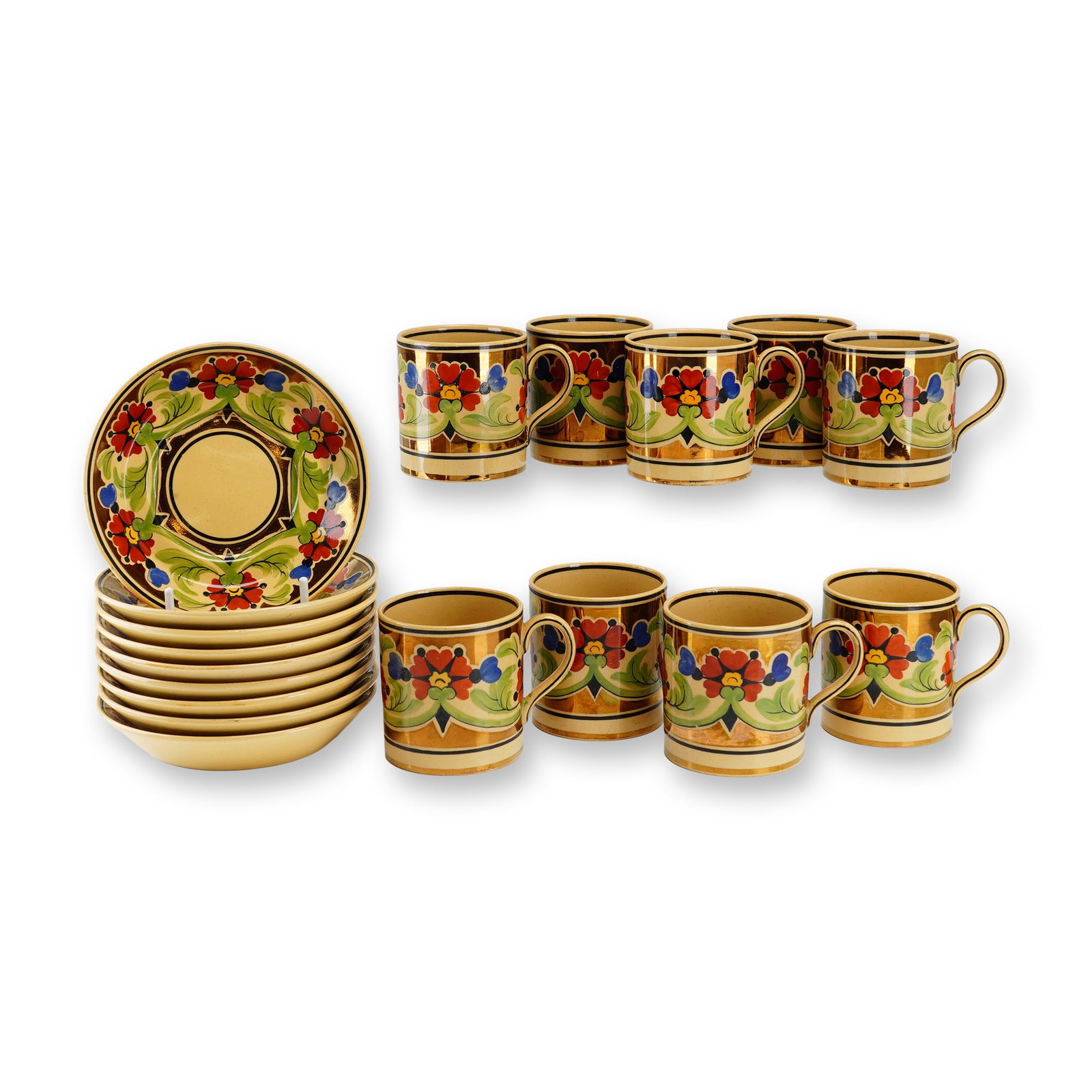 18pc Wedgwood Millicent Taplin Caneware Demitasse Cups and Saucers: An eighteen-piece demitasse service for nine designed by Millicent Taplin for Wedgwood. The set consists of nine cylindrical cups with loop handles and nine saucers, all crafted from a caneware earthe