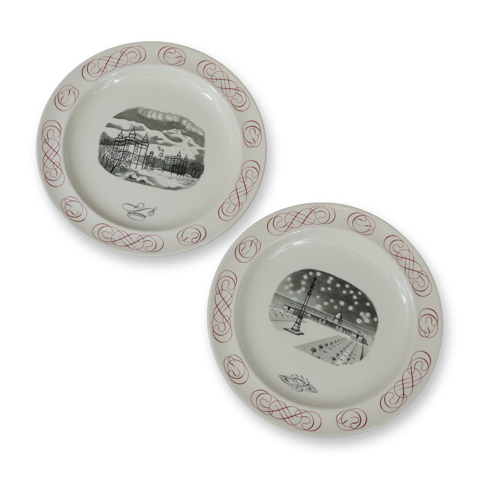 A Pair of Wedgwood Outlines of Grandeur Sample Queen's Ware Plates Designed by Laurence Whistler (1 of 3)