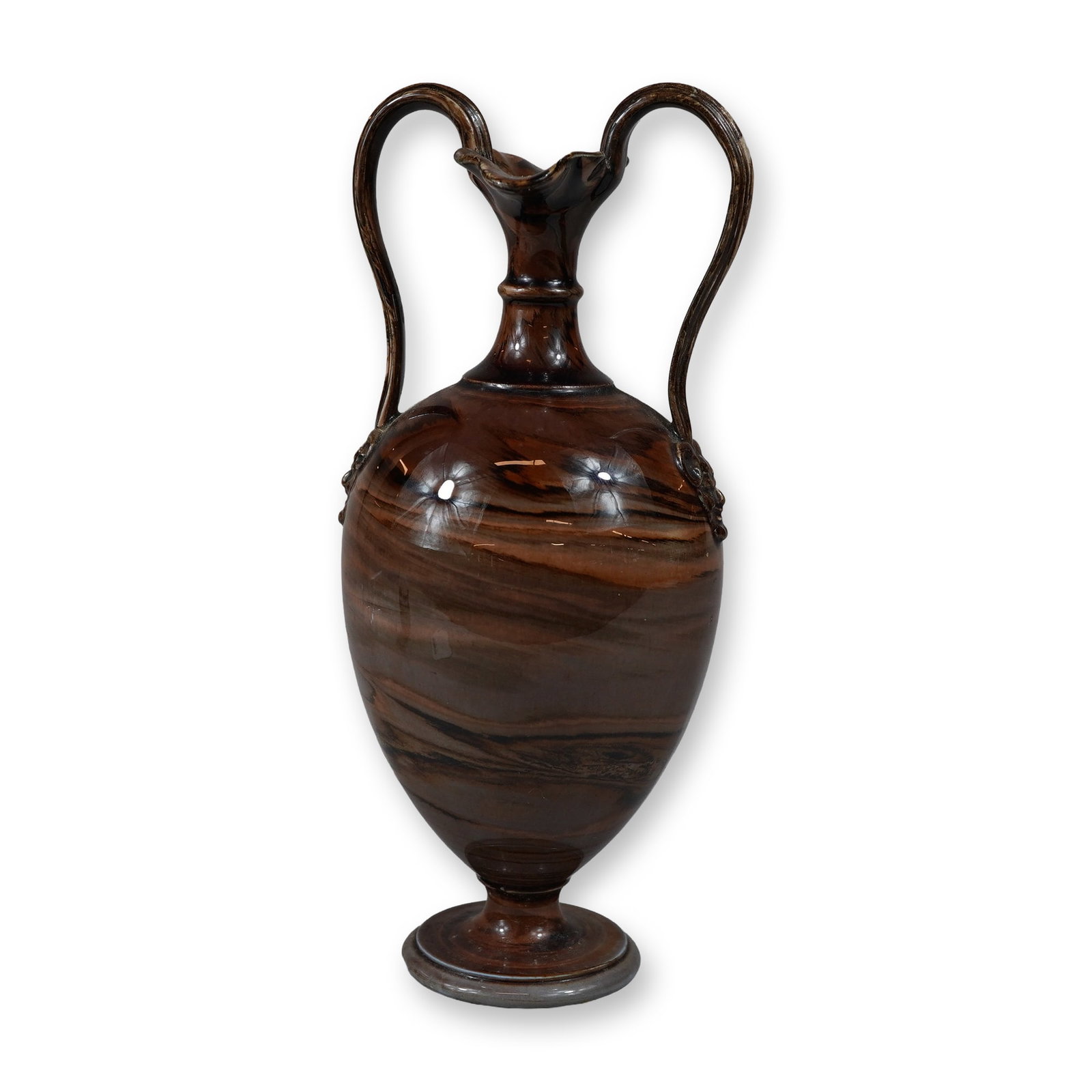 Wedgwood Variegated Surface Agate Vase: A Wedgwood variegated surface agate ceramic vase, England. The vessel is designed in a Neoclassical amphora form with an ovoid body, a pedestal foot, and a flared, scalloped rim. It features two high-