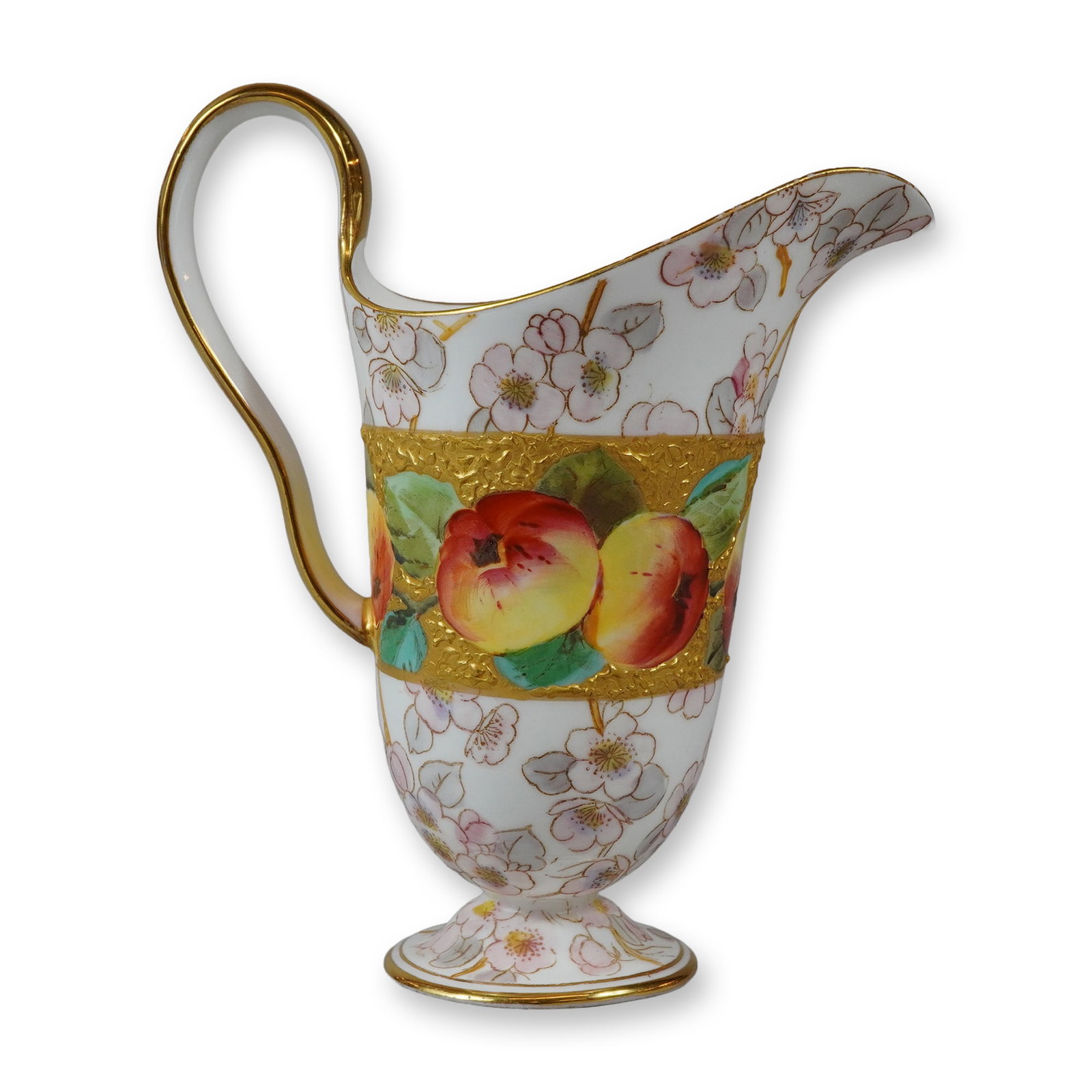 Wedgwood Hand Painted Footed Cream Pitcher with Fruit and Floral Gilt Decoration: This is a fine bone china footed pitcher produced by Wedgwood. The vessel features a tapered body on a circular pedestal foot, a flared rim with a prominent pouring spout, and a high-arched scrolled h
