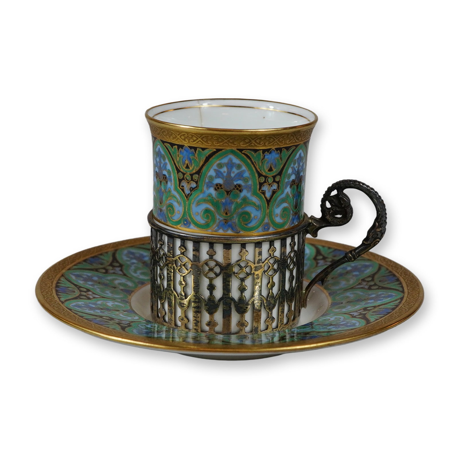 Wedgwood Jeweled Porcelain Demitasse Cup and Saucer with Birmingham Sterling Silver Cup Holder, (1 of 3)