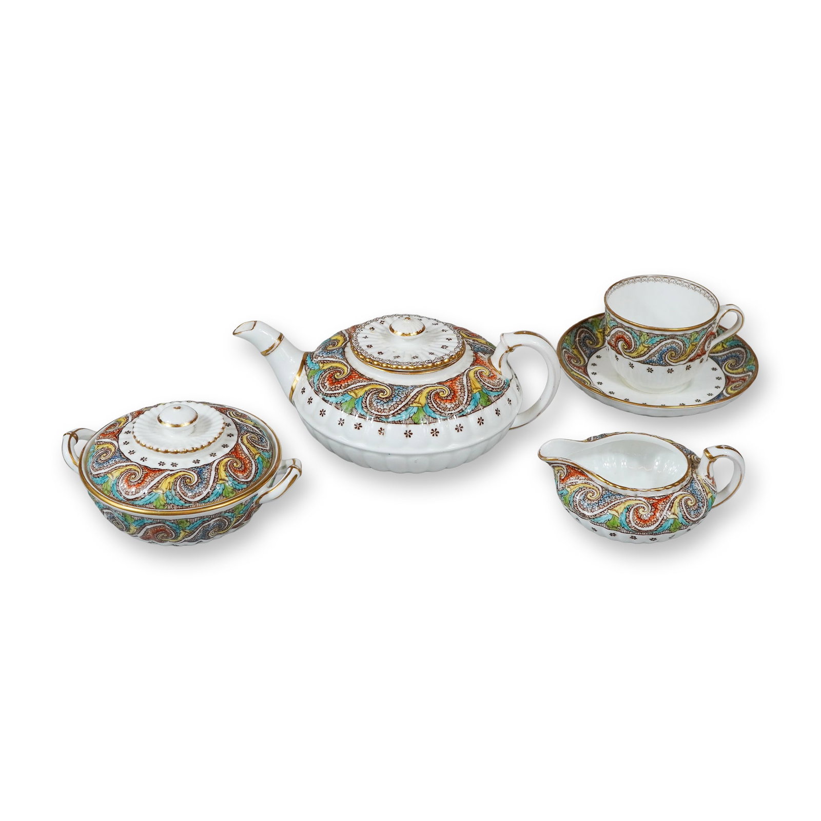 5pc Wedgwood Bone China Partial Tea Set: A Victorian-era Wedgwood bone china partial tea set decorated in pattern Y 3714. The set comprises a teapot with a lid, a double-handled covered sugar bowl, a cream jug, and a single teacup with a coo