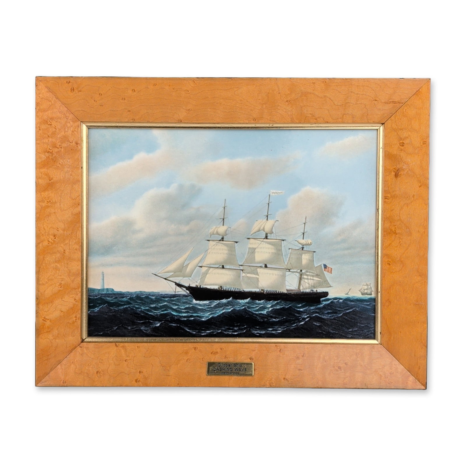 Wedgwood of Etruria & Barlaston by William Bradford Framed Nautical Porcelain Tile, Dashing Wave: Wedgwood porcelain plaque reproducing an original painting by William Bradford. The scene depicts the American clipper ship Dashing Wave under full sail. The plaque is housed in a burl wood veneer fra