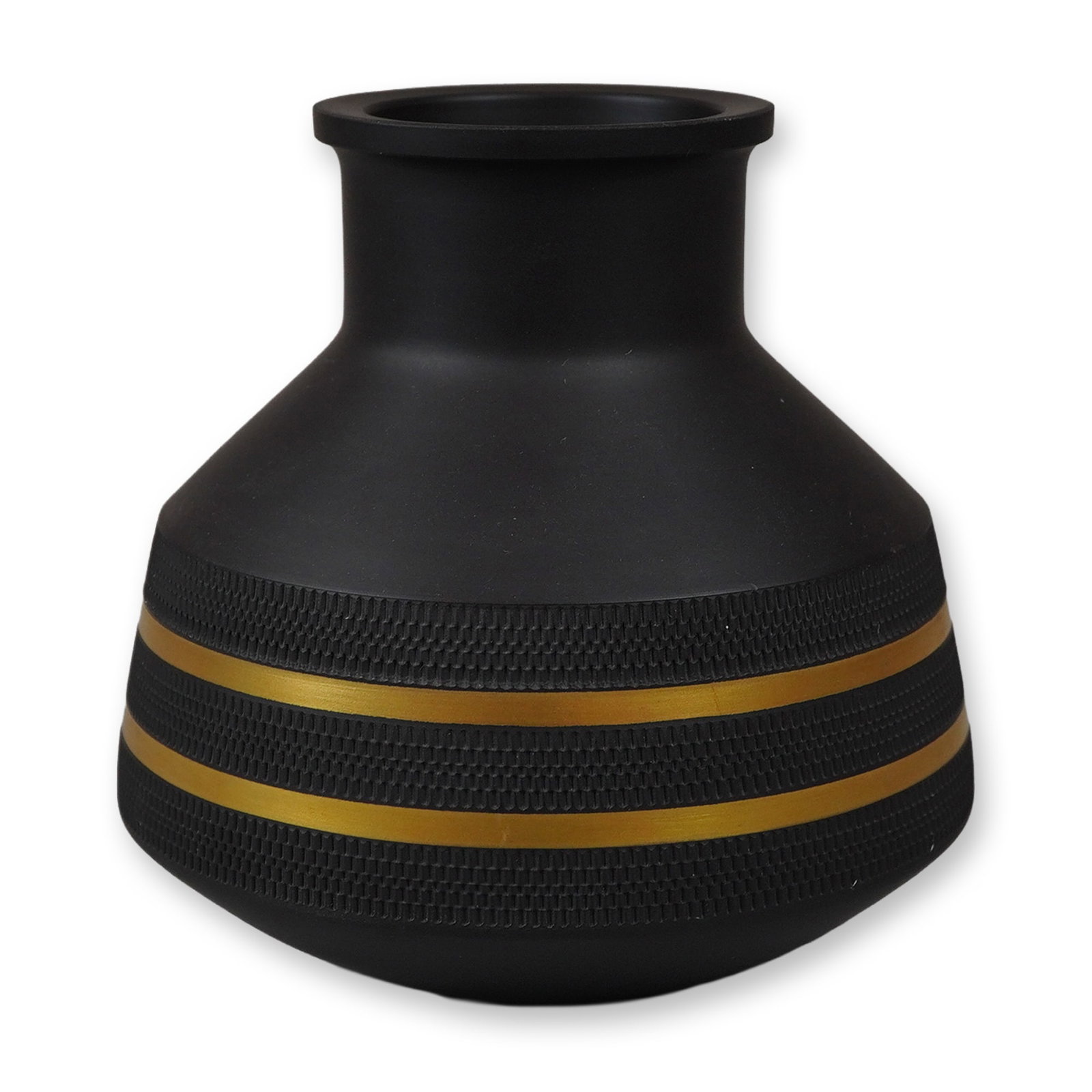 Wedgwood by David Puxley Black Basalt and Gilt Engine-Turned Vase: A mid-century modern black basalt vase manufactured by Wedgwood, England. The vessel features a bulbous body with a wide, tapering neck and a flat, flared rim, crafted from matte black basalt stonewar