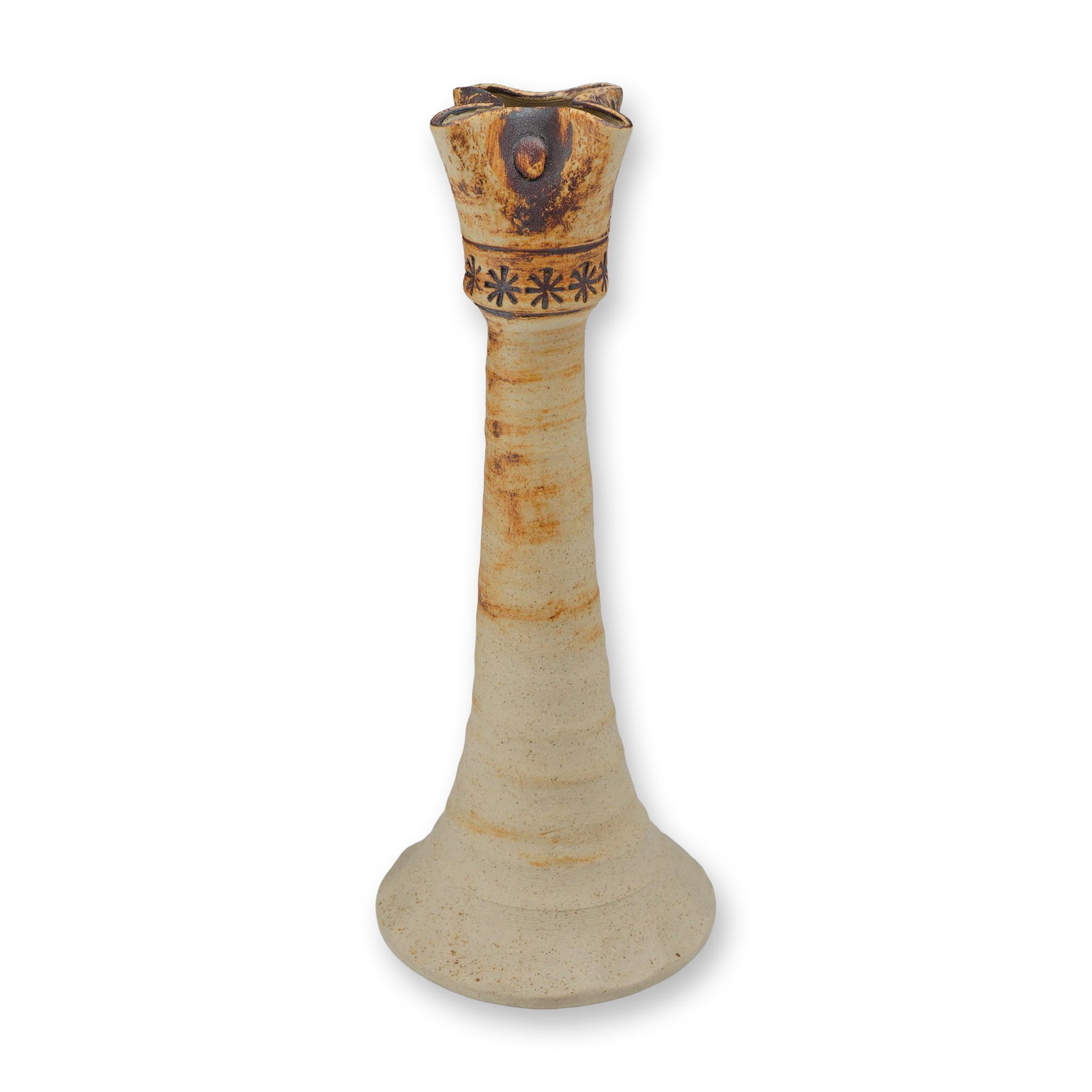 Wedgwood by John Dermer 1970s Stoneware Candlestick Holder: A hand-thrown stoneware candlestick designed by potter John Dermer for Wedgwood in the 1970s. The piece features a slender, tapering stem rising from a wide, flared pedestal base. The upper section te