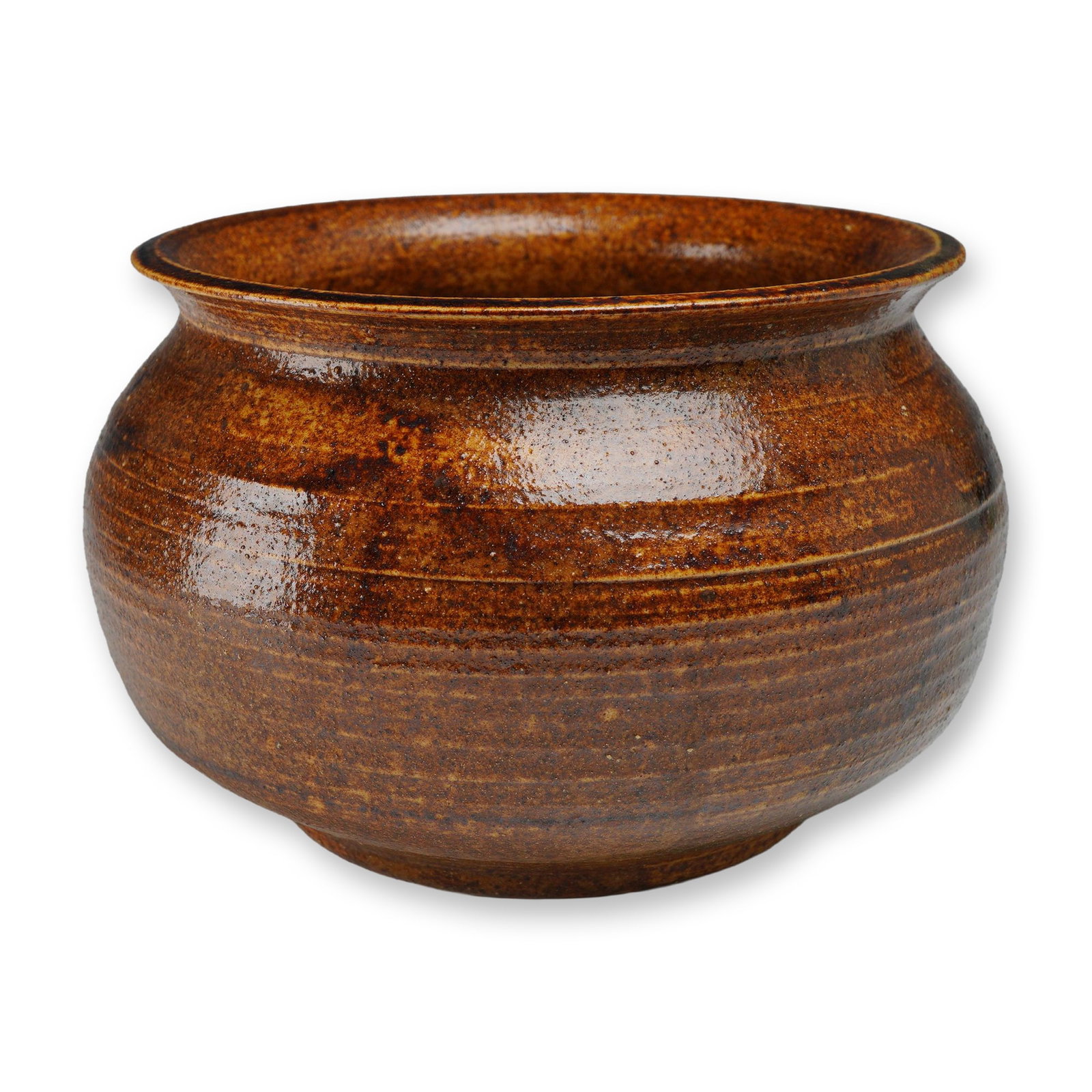 Wedgwood Michael Dillon Stoneware Pottery Bowl, c. 1925: This hand-thrown stoneware pottery bowl is a studio work produced by Wedgwood and designed by artist Michael Dillon, dating to circa 1925. The vessel features a bulbous, globular body with prominent h