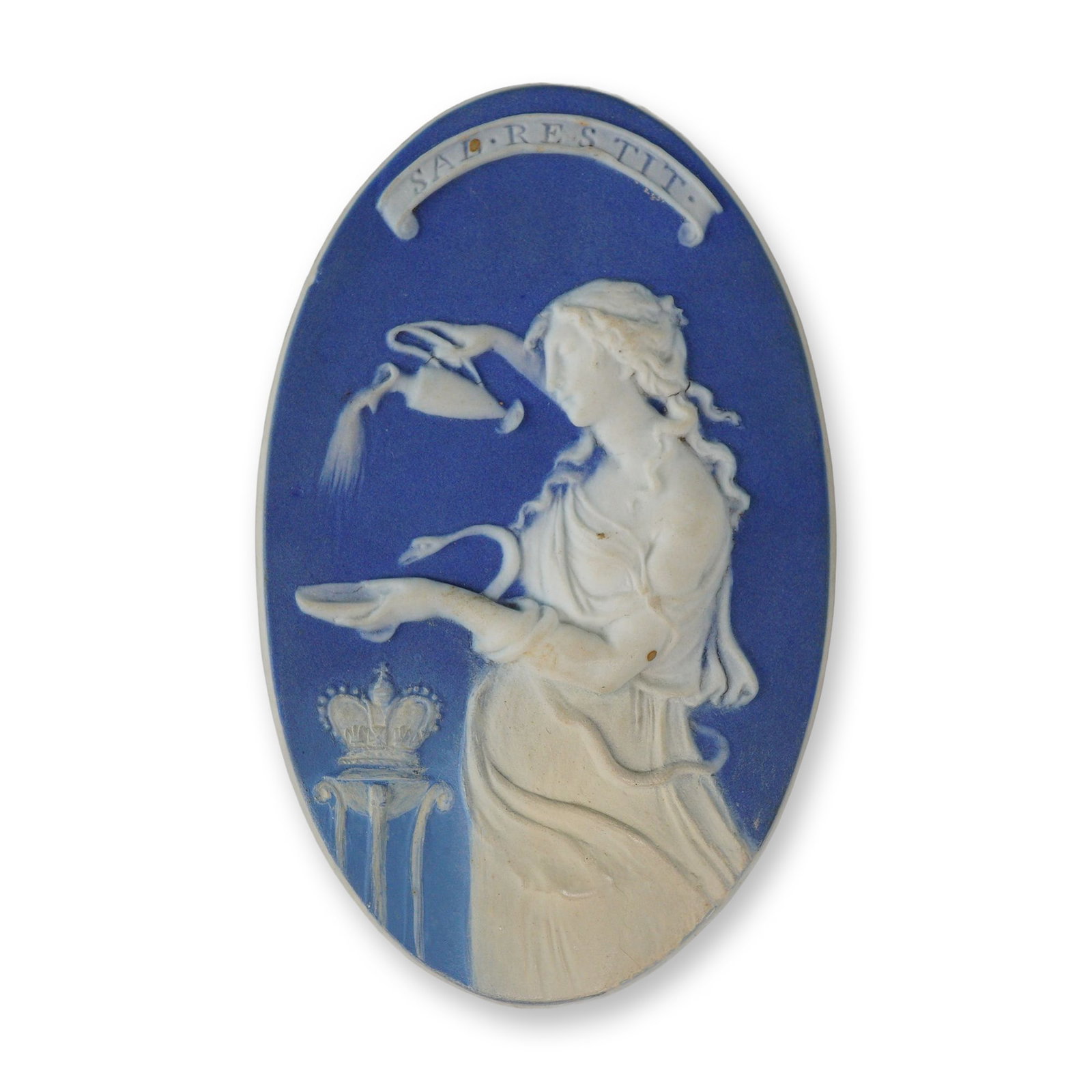 Wedgwood Blue Jasperware Salus Restituta Commemorative Medallion: This Wedgwood blue jasperware medallion features the commemorative Salus Restituta design, created to celebrate the recovery of King George III from illness in 1789. The oval stoneware piece depicts H