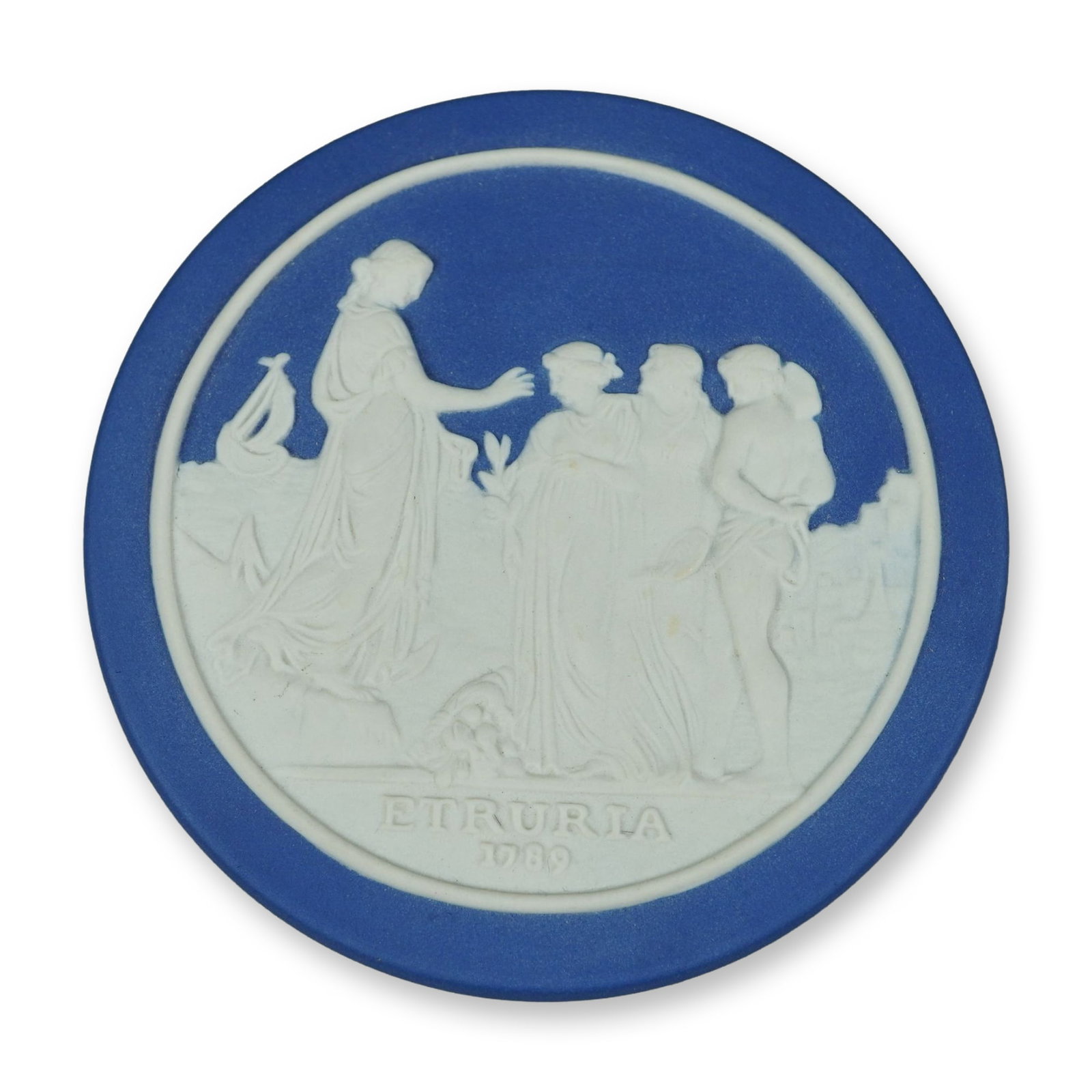 Wedgwood Royal Blue Jasperware Sydney Cove Medallion for the Australian Bicentennial: This circular Wedgwood jasperware medallion was produced to commemorate the 1988 Australian Bicentennial. The piece is crafted in royal blue jasperware with a white bas-relief scene on the obverse. Th
