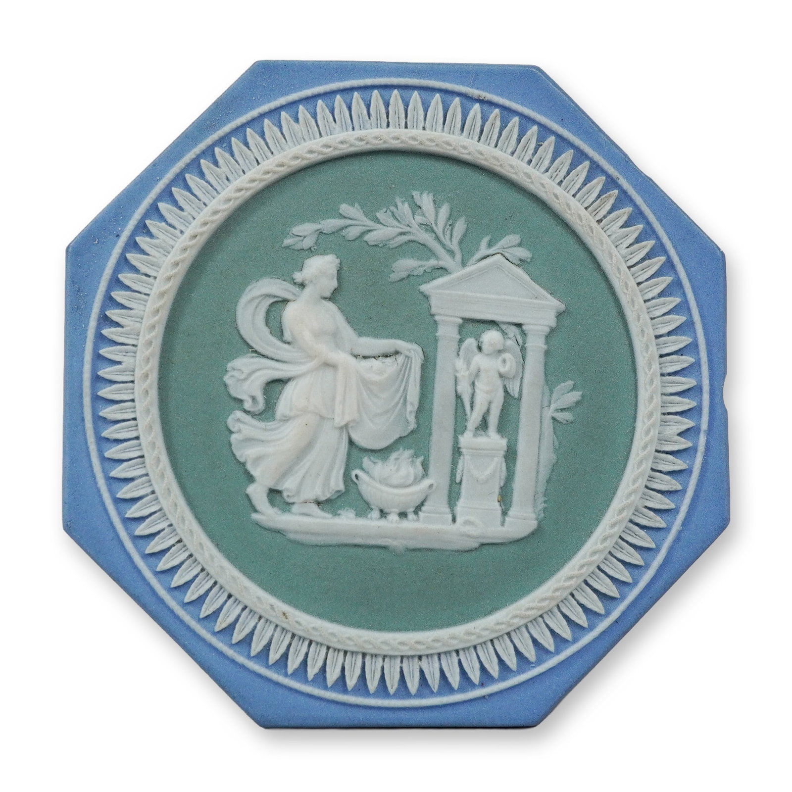 Wedgwood Tri-Color Jasperware Octagonal Plaque: A Wedgwood tri-color jasperware octagonal plaque featuring a classical scene in bas-relief. The piece is constructed with a light blue outer octagonal frame surrounding a circular sage green medallion