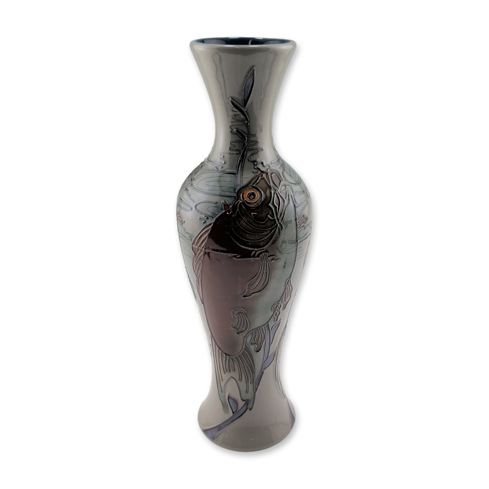 Moorcroft Pottery by Kerry Goodwin Fish Trial Vase Tail Dance: Limited edition. The tall, slender vessel features tube-lined decoration depicting swimming carp among aquatic plants in shades of slate gray, charcoal, and olive green. The base is impressed with the