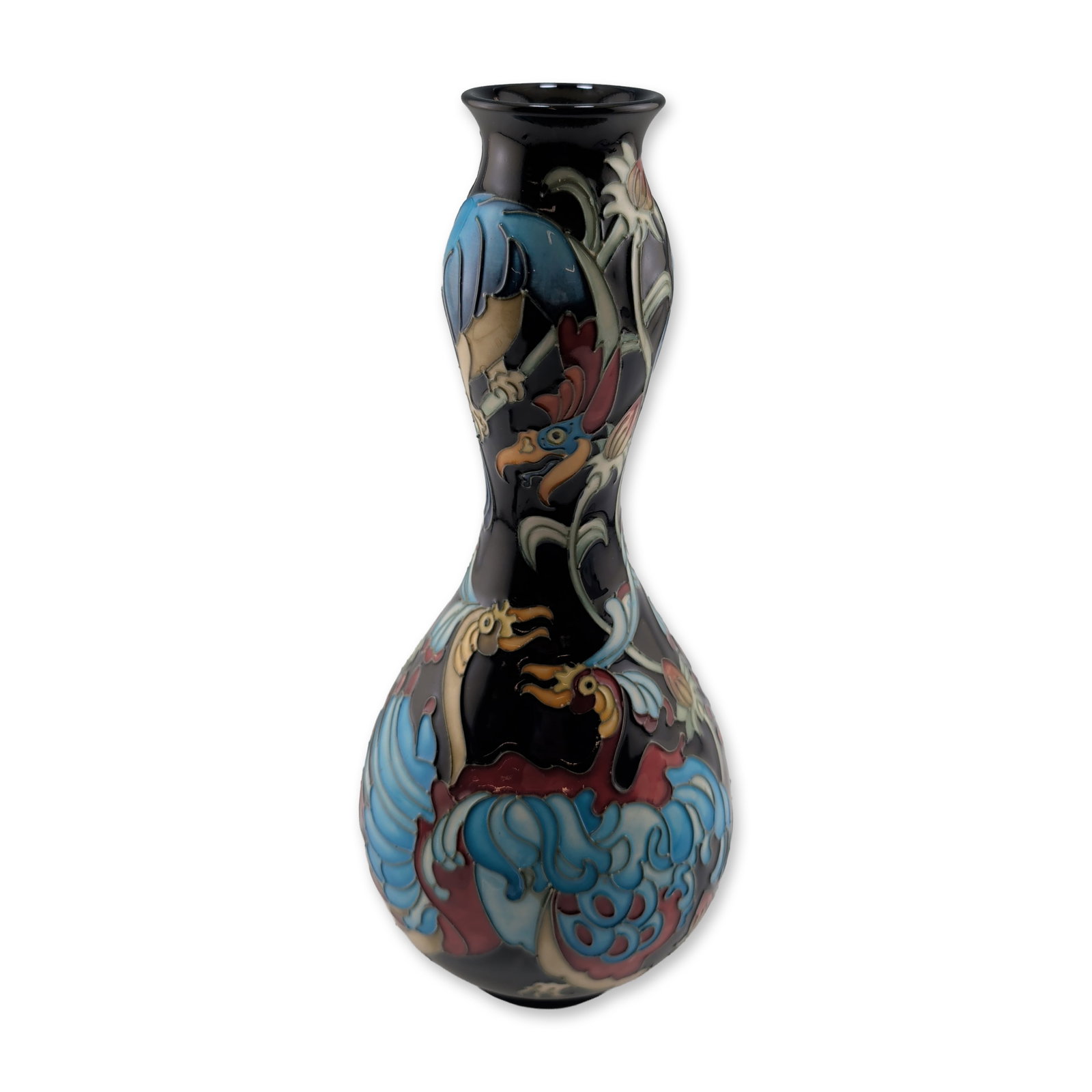 Moorcroft Pottery by Kerry Goodwin Vase, Can-Can Birds: Limited edition. This slender-necked, bulbous form features a high-gloss black ground decorated with tube-lined and hand-painted stylized birds featuring cobalt blue, turquoise, and deep red plumage. 