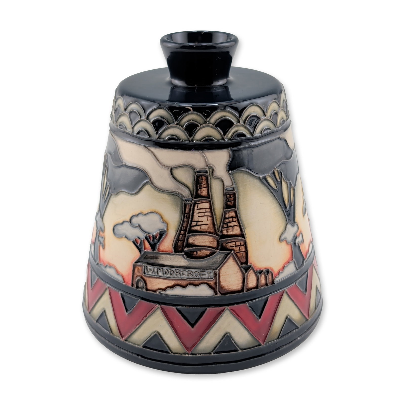 Moorcroft Pottery by Nicola Slaney Legacy Heritage Vase: The vessel features tube-lined and hand-painted decoration depicting an industrial landscape with bottle kilns and an integrated MOORCROFT scroll banner. The design is accented with a scaled pattern a