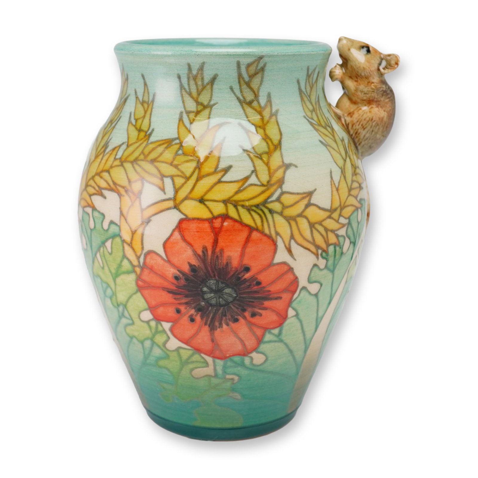 Dennis China Works Pottery by Sally Tuffin Vase, Corn and Poppy with Mouse: The earthenware vessel is crafted using the tube-lining technique and features hand-painted red poppies and golden wheat stalks against a graduated background transitioning from pale turquoise to fore