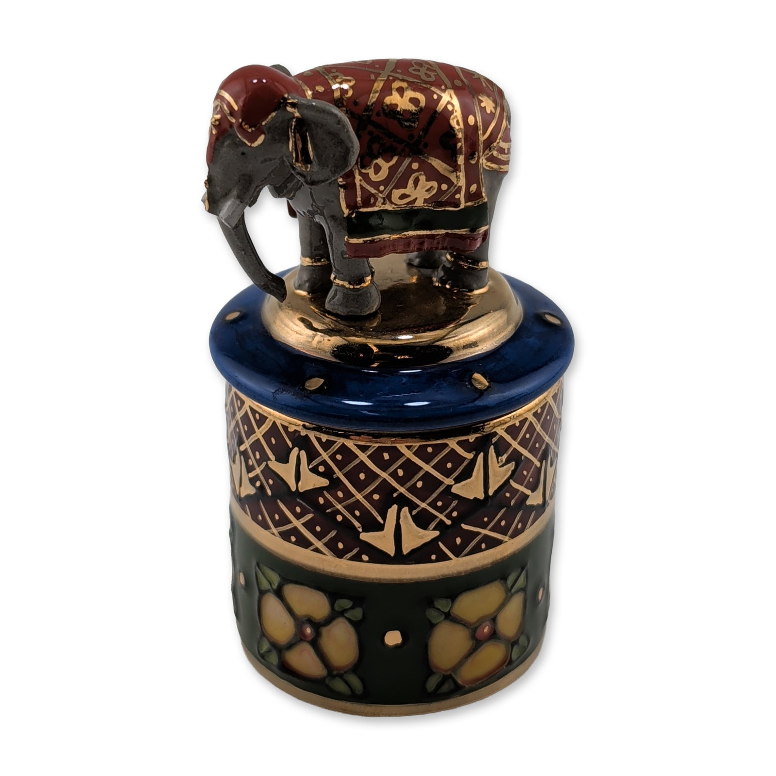 Dennis Chinaworks by Sally Tuffin Indian Elephant Motif Miniature Lidded Box: Miniature cylindrical lidded trinket box in hand-painted porcelain. The lid features a central finial in the form of a caparisoned elephant finished in grey with a red and gold patterned blanket. The 