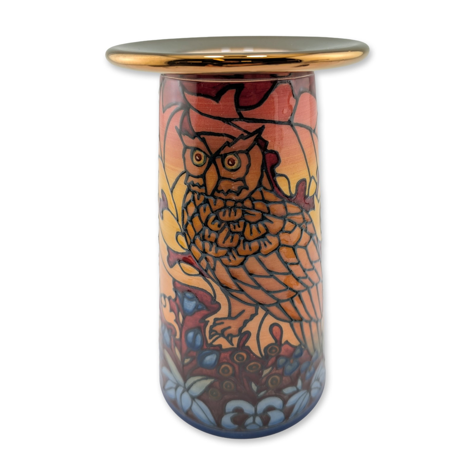 Dennis Chinaworks by Sally Tuffin Vase, Autumn Owl: The ceramic vessel features a tapered cylindrical body topped with a wide, flat gilded rim. The exterior is decorated using the tube-lining technique, depicting an owl perched among berries and styliz