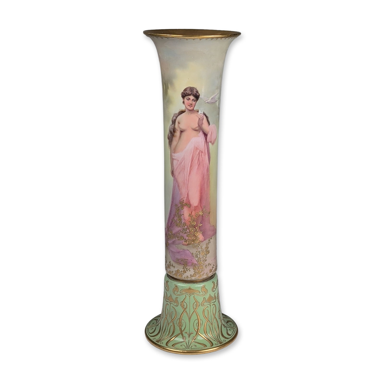 Royal Doulton Burslem by Sidney Tushingham Art Nouveau Porcelain Vase, Love's Messenger: The flared cylindrical body depicts a woman in flowing pink and purple drapery holding a white dove. The reverse side features a landscape with trees and birds in pastel tones. Decoration includes rai