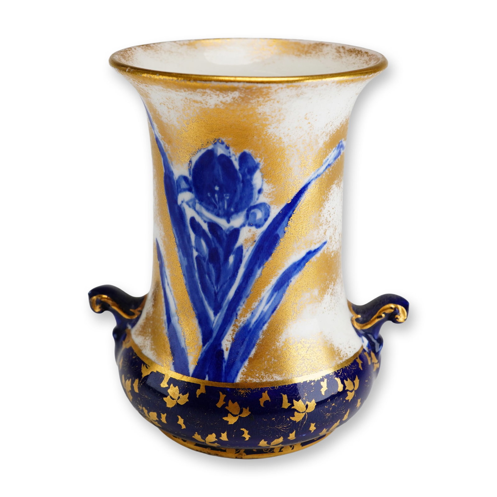 Royal Doulton Porcelain Blue and Gilt Floral Vase: A small porcelain double-handled vase decorated in cobalt blue and gilt accents. The body features hand-painted blue floral motifs highlighted with gilding against a white porcelain ground. Royal Doul