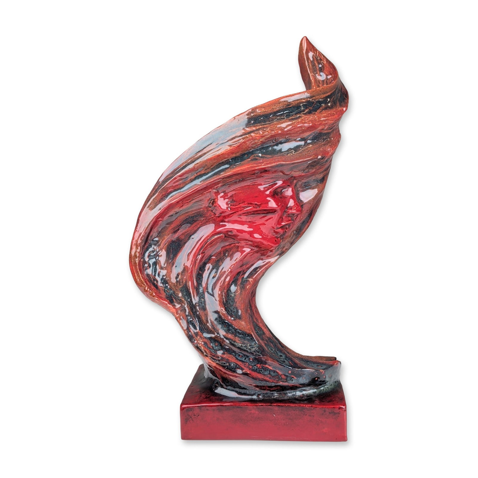 Royal Doulton Flambe Rare Prototype Four Elements Sculpture, Fire: Designed by Timothy Potts for the Four Elements series. The sculpture in ceramic with a high-gloss reduction glaze, featuring deep crimson and black mottled tones. Features a human face withing the fl