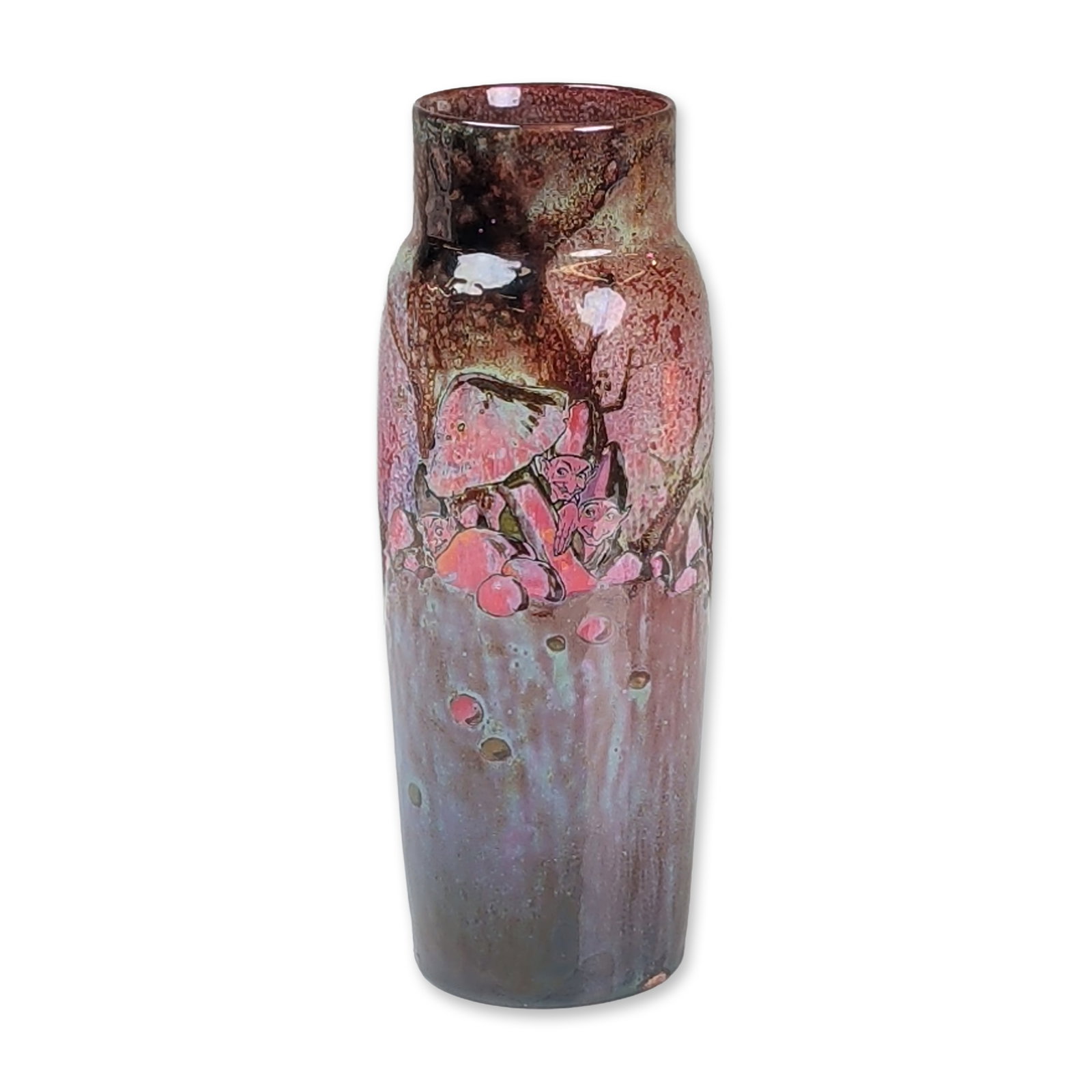 Royal Doulton by Charles Noke Flambe Sung Vase, Gnomes: A tapering cylindrical form with a short inset neck. Decorated with whimsical woodland scenes featuring stylized gnomes among mushrooms and blossoming branches. The high-fired flambe glaze displays a 