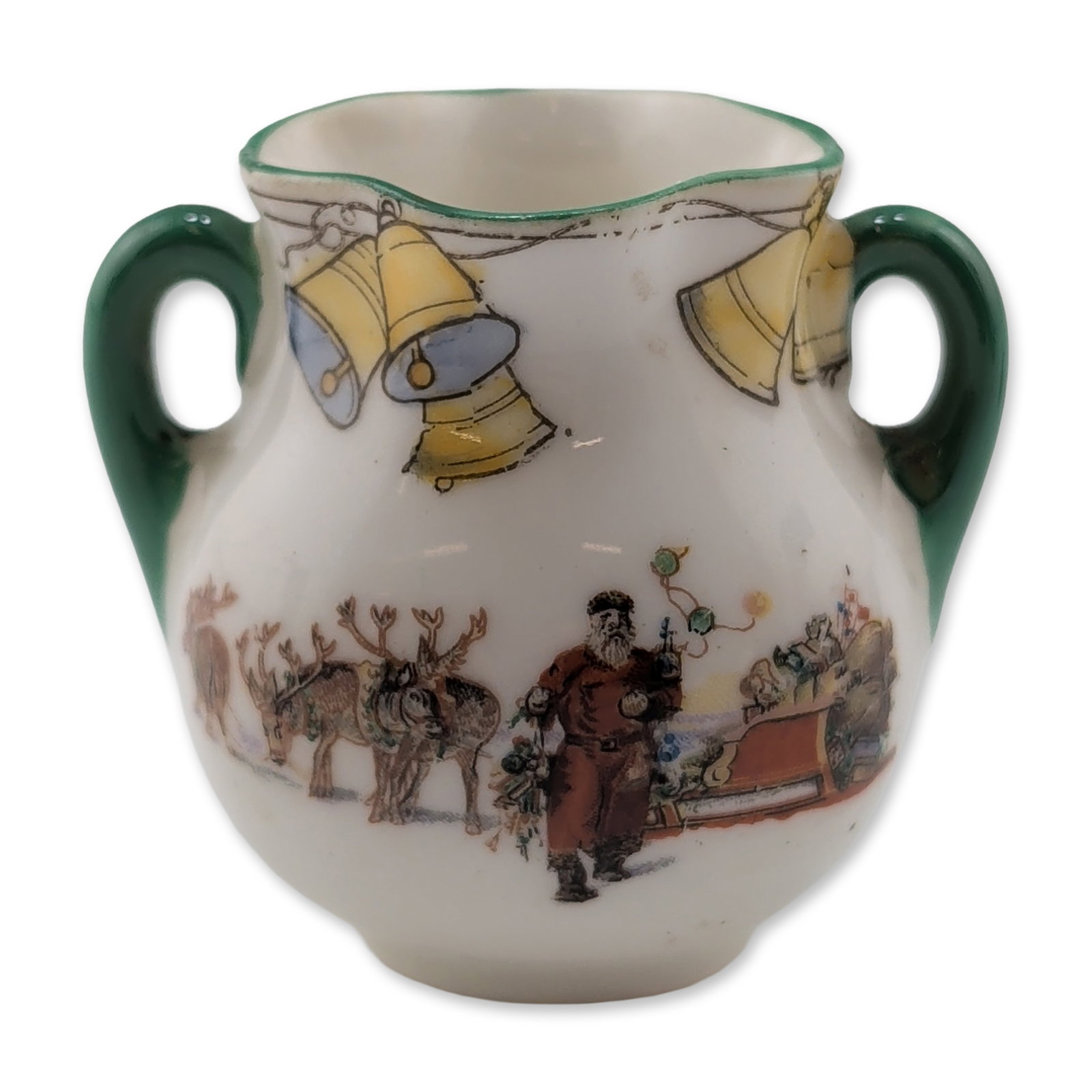 Royal Doulton Christmas Series Ware Miniature Loving Cup: Miniature two-handled loving cup in fine ceramic, part of the Father Christmas series ware collection. The vessel features polychrome transfer-printed decoration depicting Father Christmas with a slei