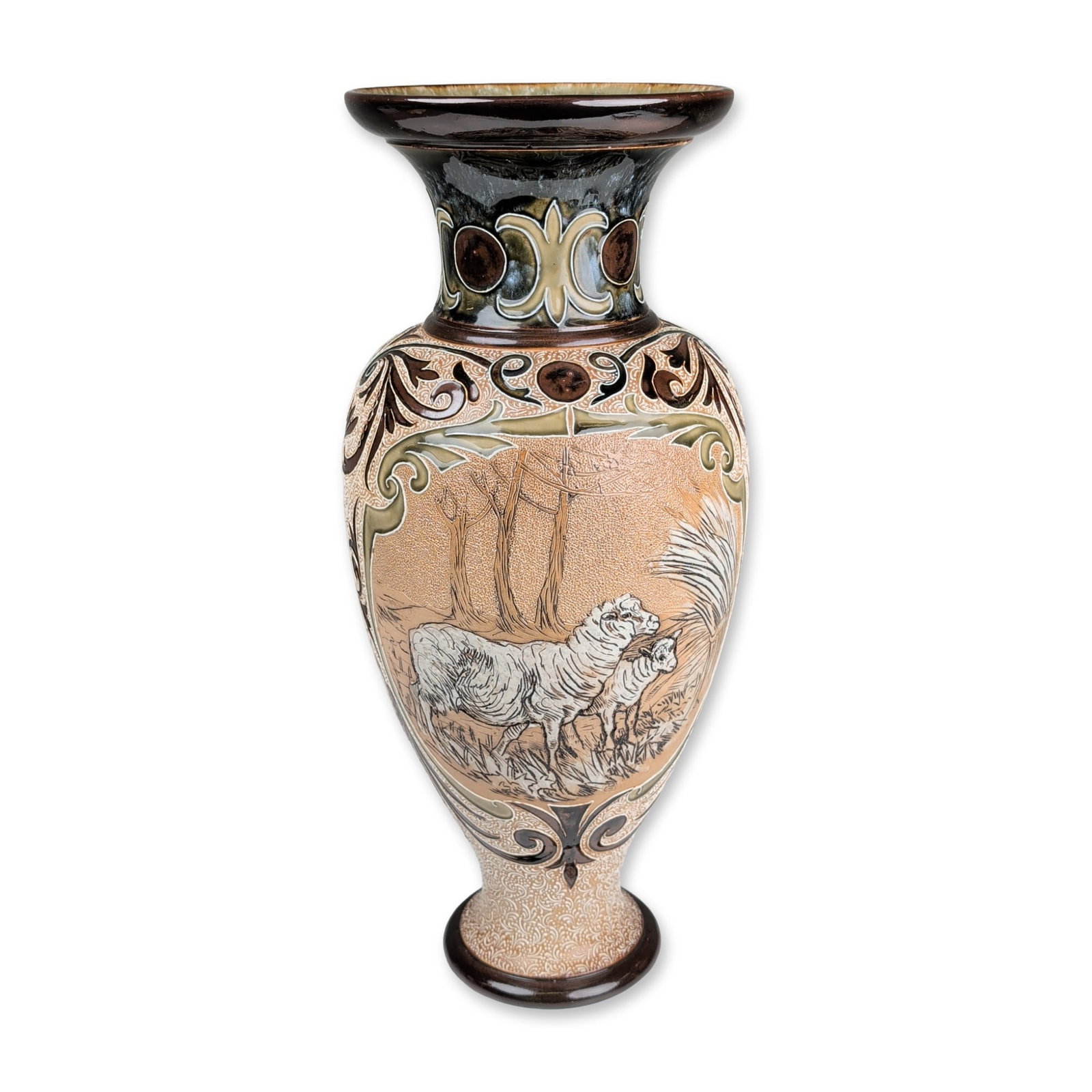 Doulton Lambeth by Hannah Barlow and Florence Barlow Stoneware Geese and Sheep Motif Vase: The central body features two pate-sur-pate panels depicting sheep and geese in landscape settings, set within elaborate Art Nouveau foliate and scrolling relief borders in olive green, chocolate brow