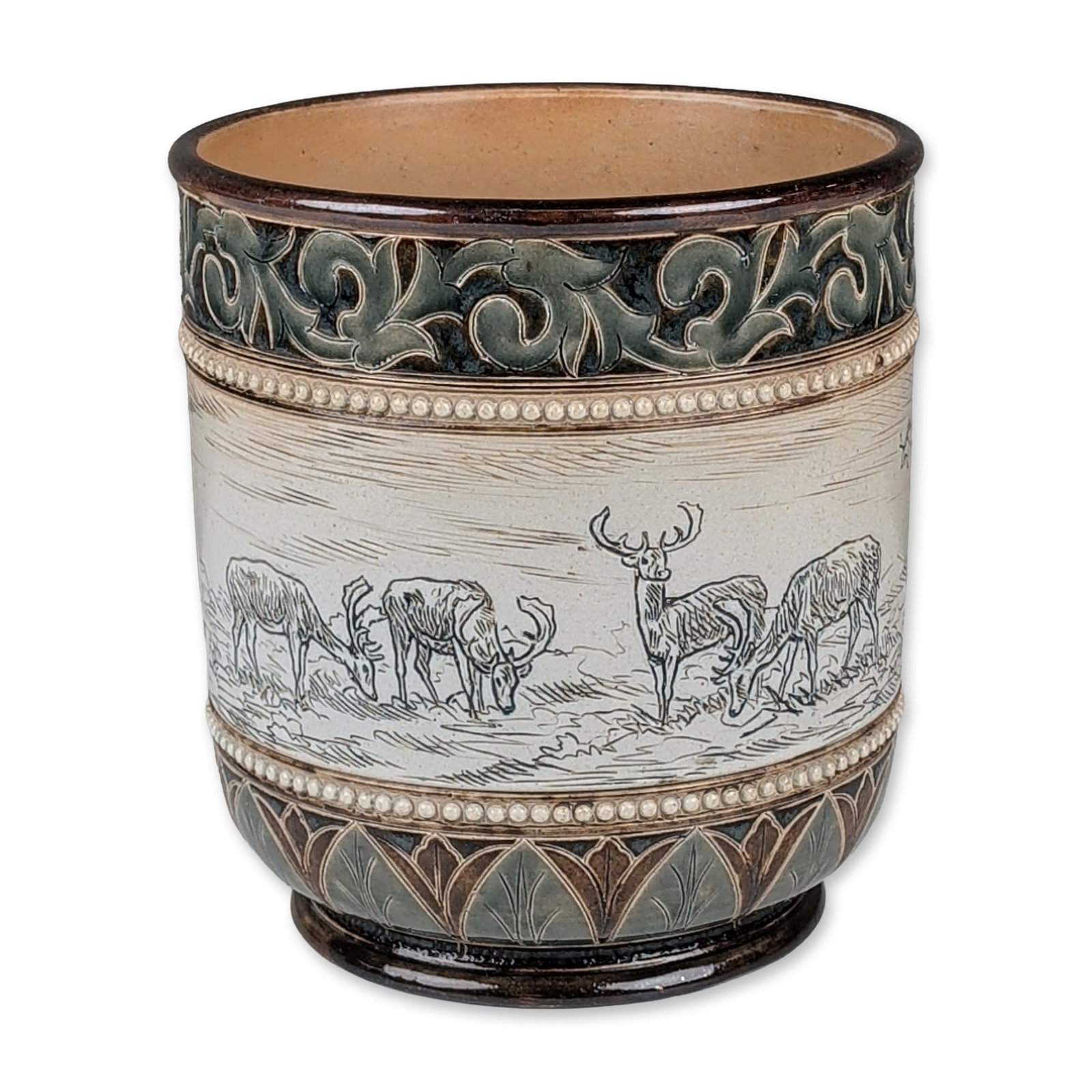 Doulton Lambeth by Hannah Barlow and Lucy Barlow Stoneware Deer and Horse Vase: Salt-glazed stoneware vase of slightly tapering cylindrical form with a flared foot. The central buff-colored band features sgraffito depicting a stag and deer in a landscape on one side and two resti