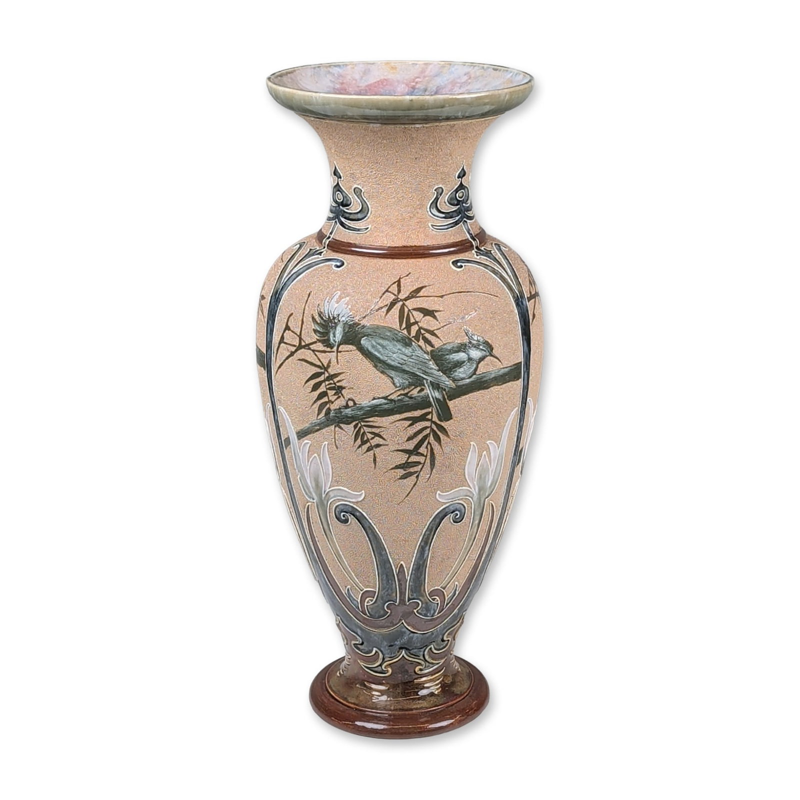 Royal Doulton by Florence Barlow Stoneware Pate-Sur-Pate Bird Motif Large Vase: Large stoneware vase featuring hand-incised sgraffito panels depicting pate-sur-pate crested birds perched on bamboo branches. The panels are set within raised slip-trailed Art Nouveau floral and foli