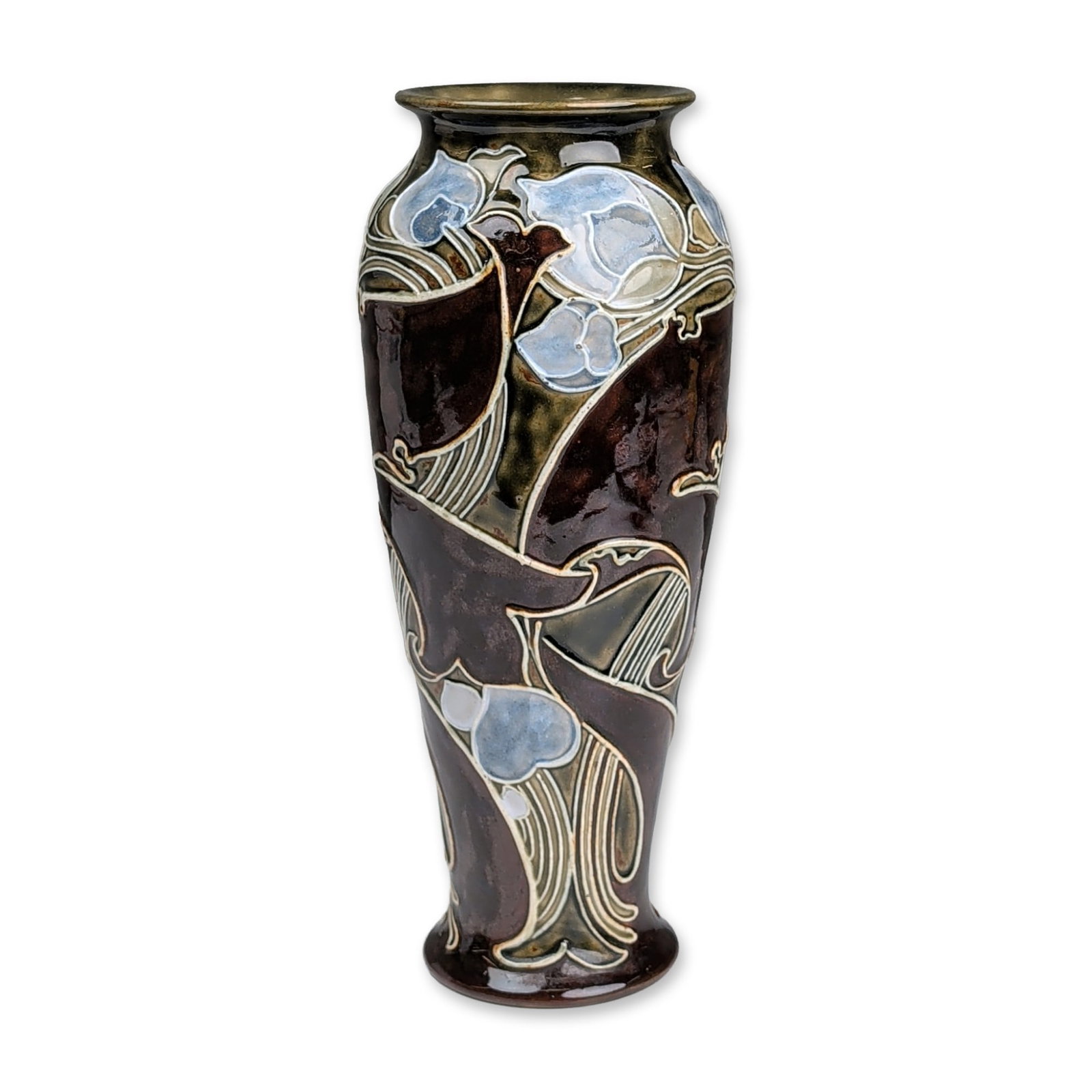 Doulton Lambeth by Mark V. Marshall Stoneware Art Nouveau Vase: An Art Nouveau stoneware vase of tapering form with a flared rim and base, decorated with tube-lined floral motifs and whiplash scrolling lines in cornflower blue, olive green, and cream against a mot
