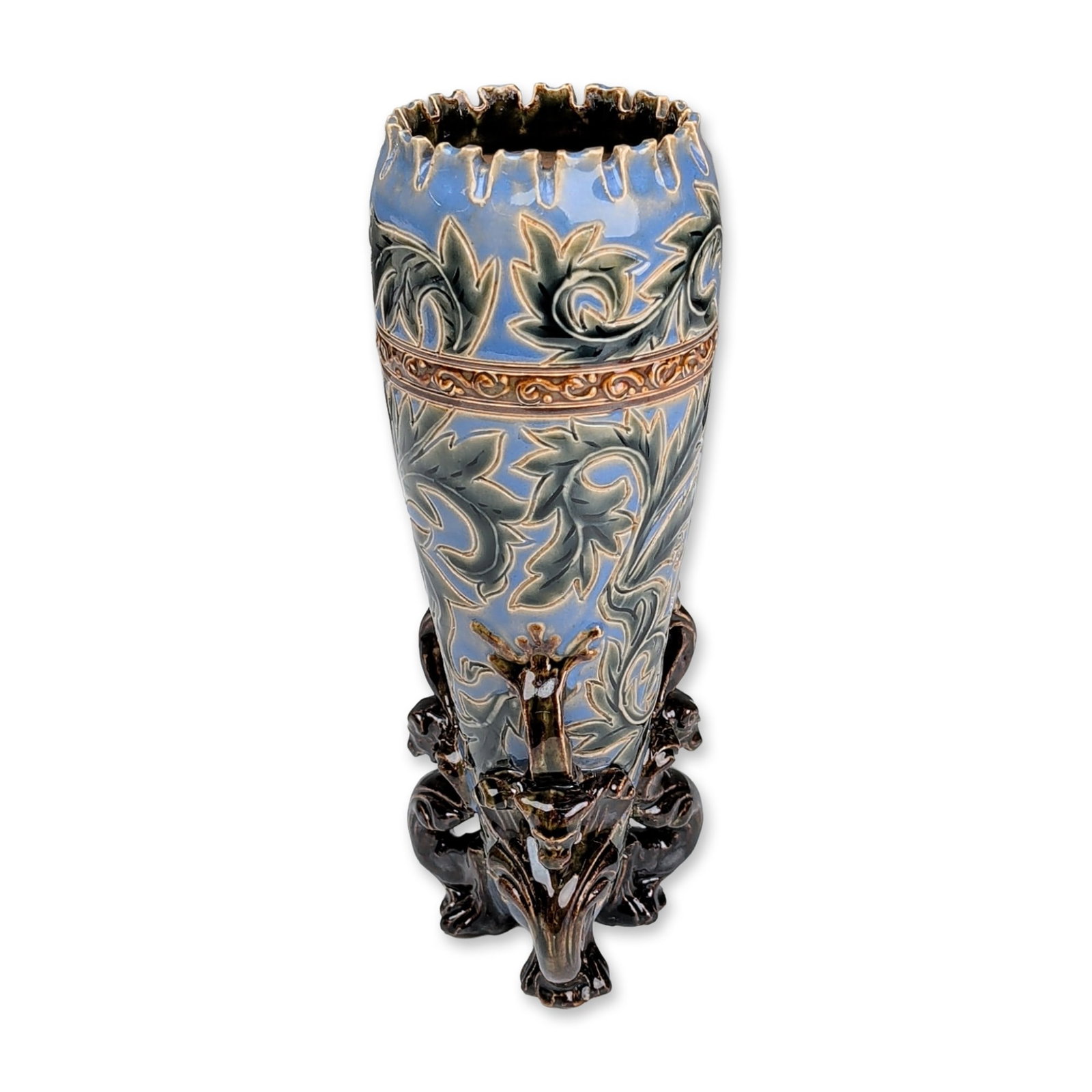Doulton Lambeth Mark V. Marshall Stoneware Tripod Vase: Doulton Lambeth salt-glazed stoneware art pottery vase designed by artist Mark V. Marshall. Tapered form featuring a flared, ruffled rim and an ornate tripod base composed of three relief-molded griff