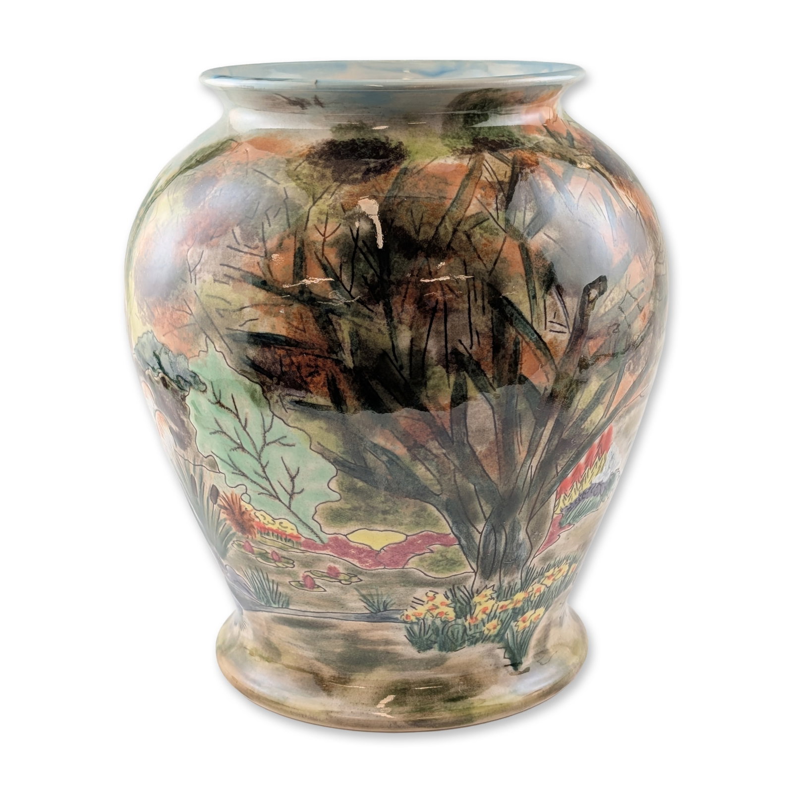 Cobridge Stoneware Landscape and Garden Vase: Ovoid vase in hand-painted stoneware, featuring a continuous landscape scene. The decoration depicts a large tree with sprawling branches on one side and a garden scene with a weeping willow, waterfal