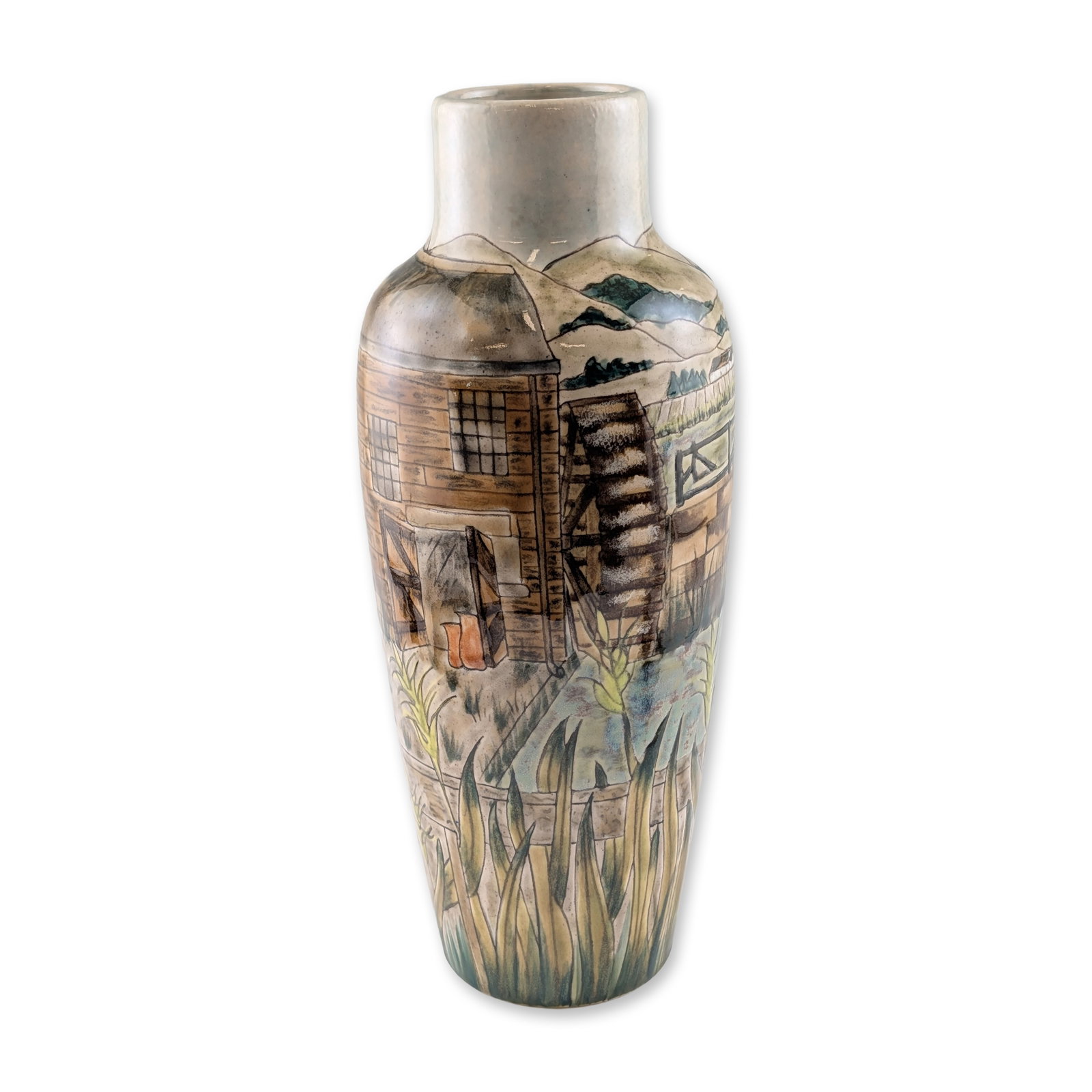 Cobridge Stoneware Trial Watermill Scene Vase: Cobridge Stoneware trial vase in a tapered cylindrical form with a rounded shoulder and short neck. The exterior is decorated with a hand-painted continuous landscape scene depicting a rustic watermil