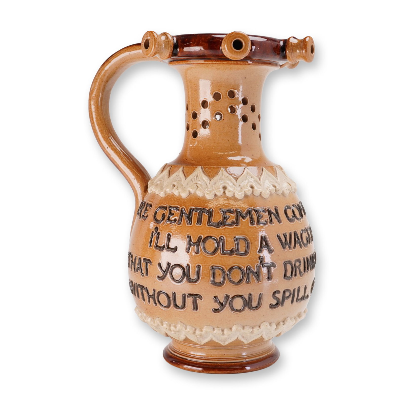 Royal Doulton by Nellie Garbett Stoneware Puzzle Jug: Royal Doulton Lambeth stoneware puzzle jug featuring a bulbous body and a high neck with fourteen circular perforations. The vessel is finished in a light brown salt glaze with two bands of cream-colo