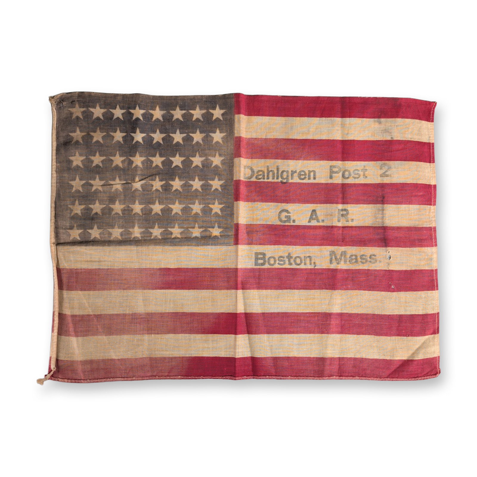 American Parade 48 Star-Flag Dahlgren Post 2 Boston, Mass.: American printed cotton parade flag featuring 48-stars. The white stripes are overprinted in black ink with unit identification for the Grand Army of the Republic. The top stripe reads Dahlgren Post 2