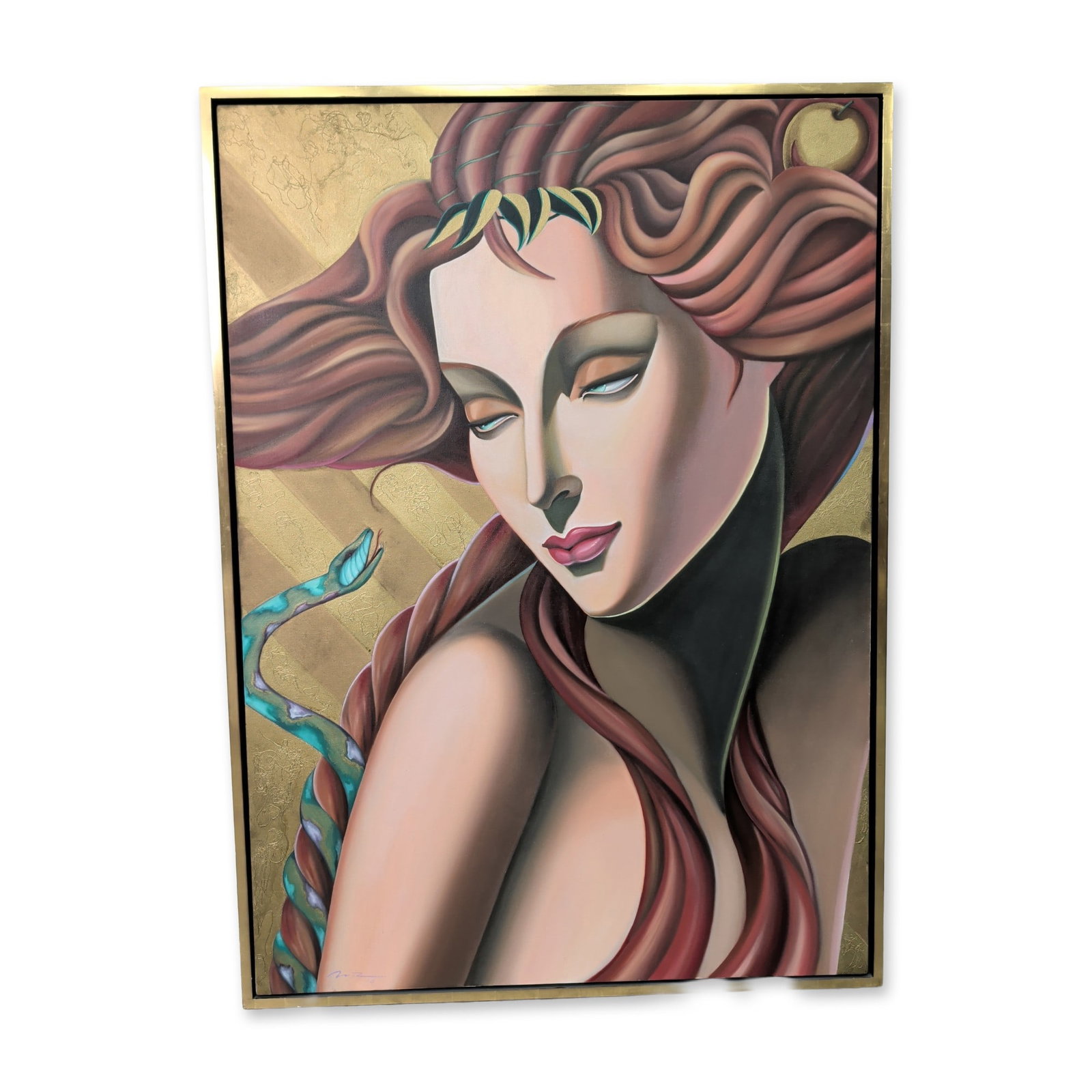 Attributed to Robert Moser (American 1953-2024) Art Deco Mixed Media on Canvas, Eve, Signed: Acrylic on canvas large-scale work features a stylized, reclining female face in a Neo-Art Deco aesthetic attributed to Robert Moser. The image includes a turquoise and green serpent in the foreground