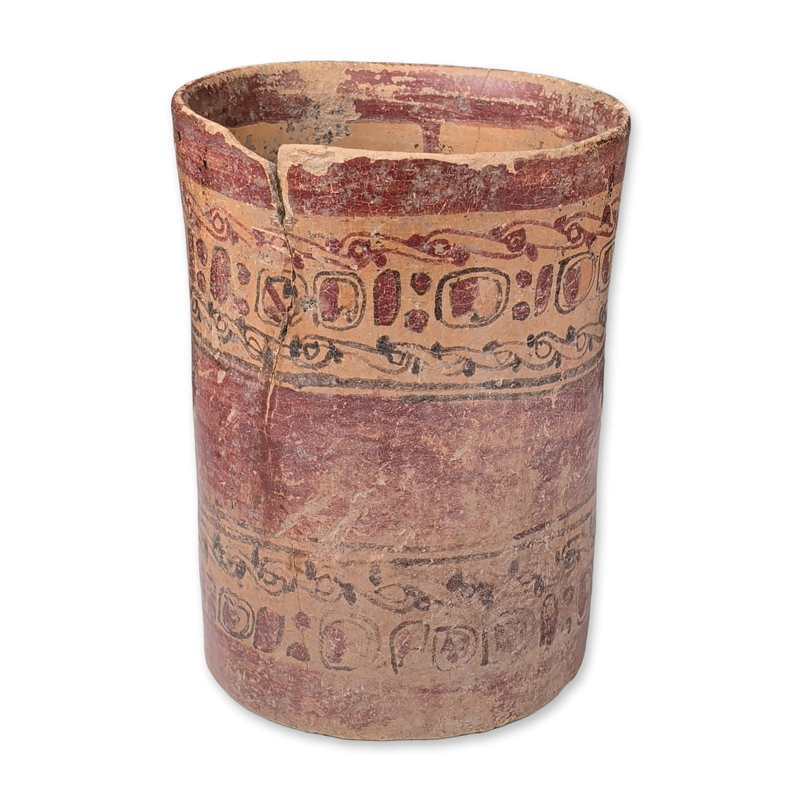 Pre-Columbian Polychrome Ceramic Cylinder Vessel: The exterior is decorated with horizontal registers utilizing red, black, and cream slips. Two primary bands encircling the vessel feature glyph cartouches containing interior motifs such as bars, dot