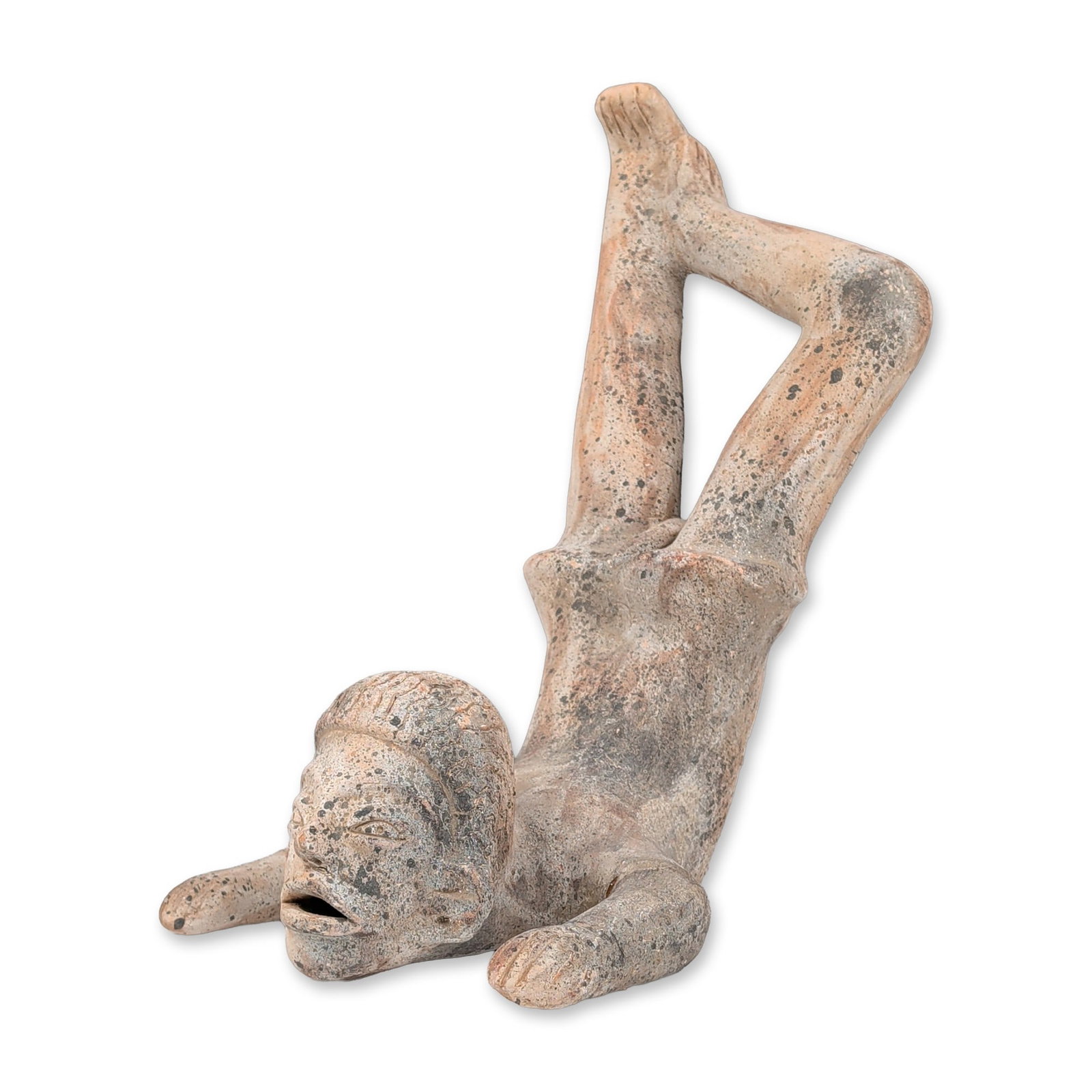 Pre-Columbian Terracotta Acrobat Sculpture: A hollow terracotta sculpture depicting a male acrobat in a contorted pose, resting on his upper back and shoulders with legs kicked upward and bent at the knees. The figure features stylized facial c