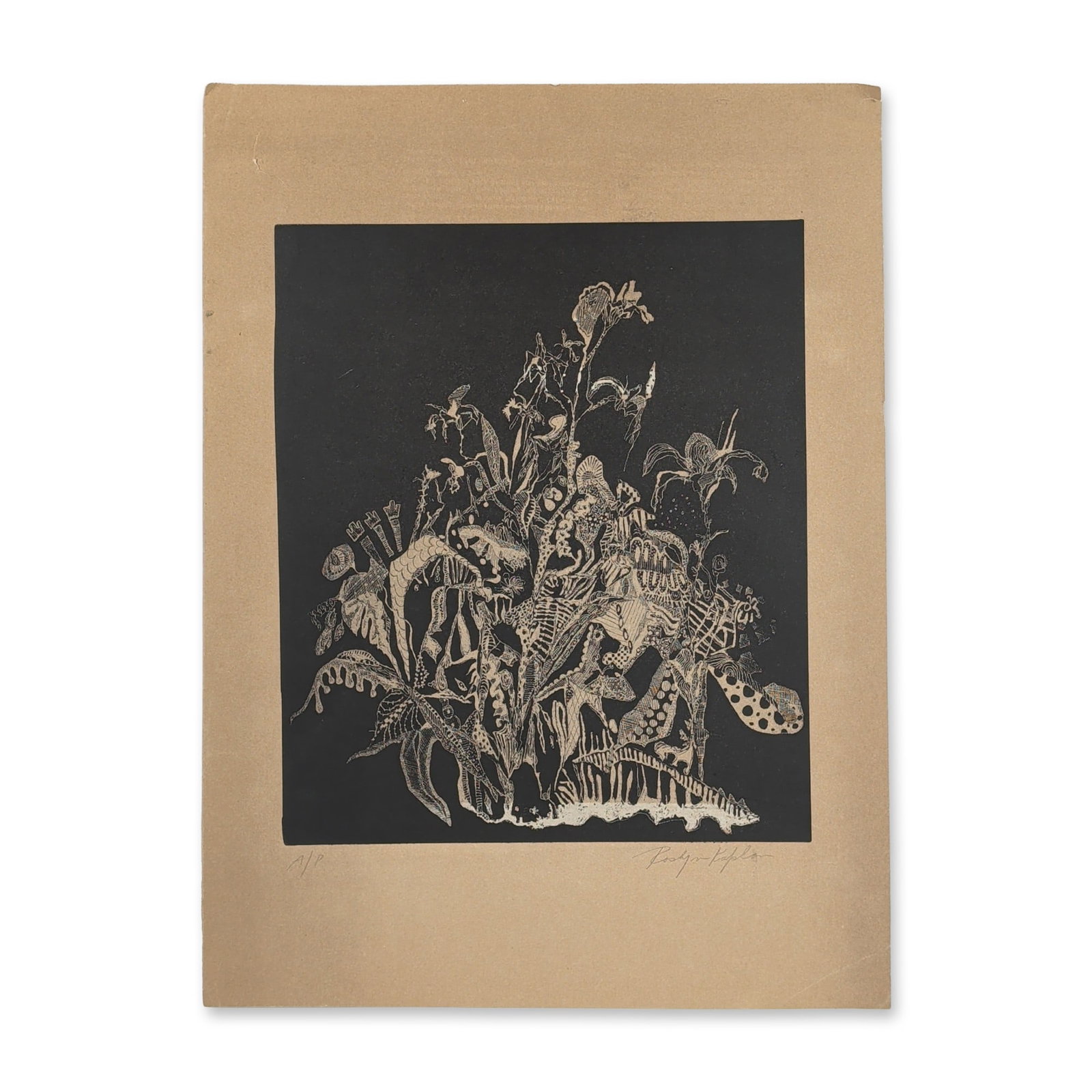 Roslyn Kaplan, Wood Carving Ink Print on Paper: The print features a dense and intricate arrangement of intertwined organic, botanical, and skeletal forms, incorporating various patterns such as polka dots and fine cross-hatching, all set against a