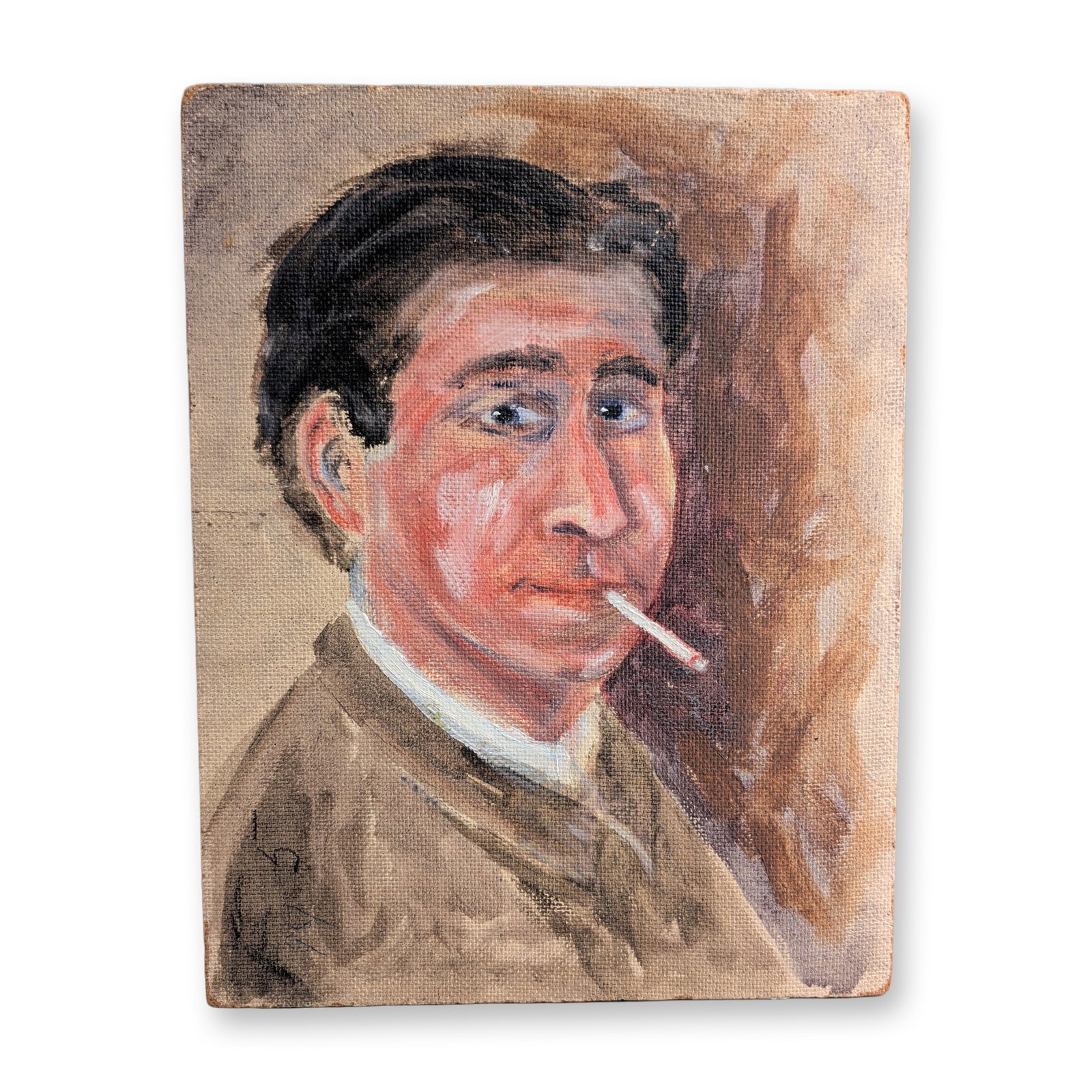 Double-Sided Oil on Board, Portrait and Landscape, Signed: Double-sided work in oil on board. The obverse features an expressive portrait of a man smoking a cigarette, wearing a brown jacket and white collar. The reverse depicts a landscape with a central gra