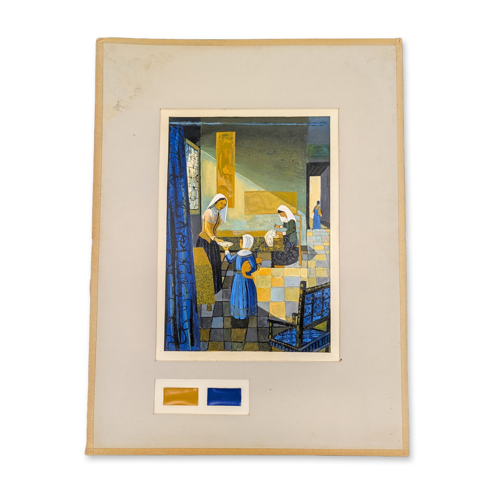 Mid-Century Modernist Oil on Paper Board, Baroque Domestic Setting: Modernist domestic interior scene in oil on board that reinterprets Johannes Vermeer's Baroque interior scenes and use of ultramarine blue and yellow ocher. It depicts four stylized figures including 