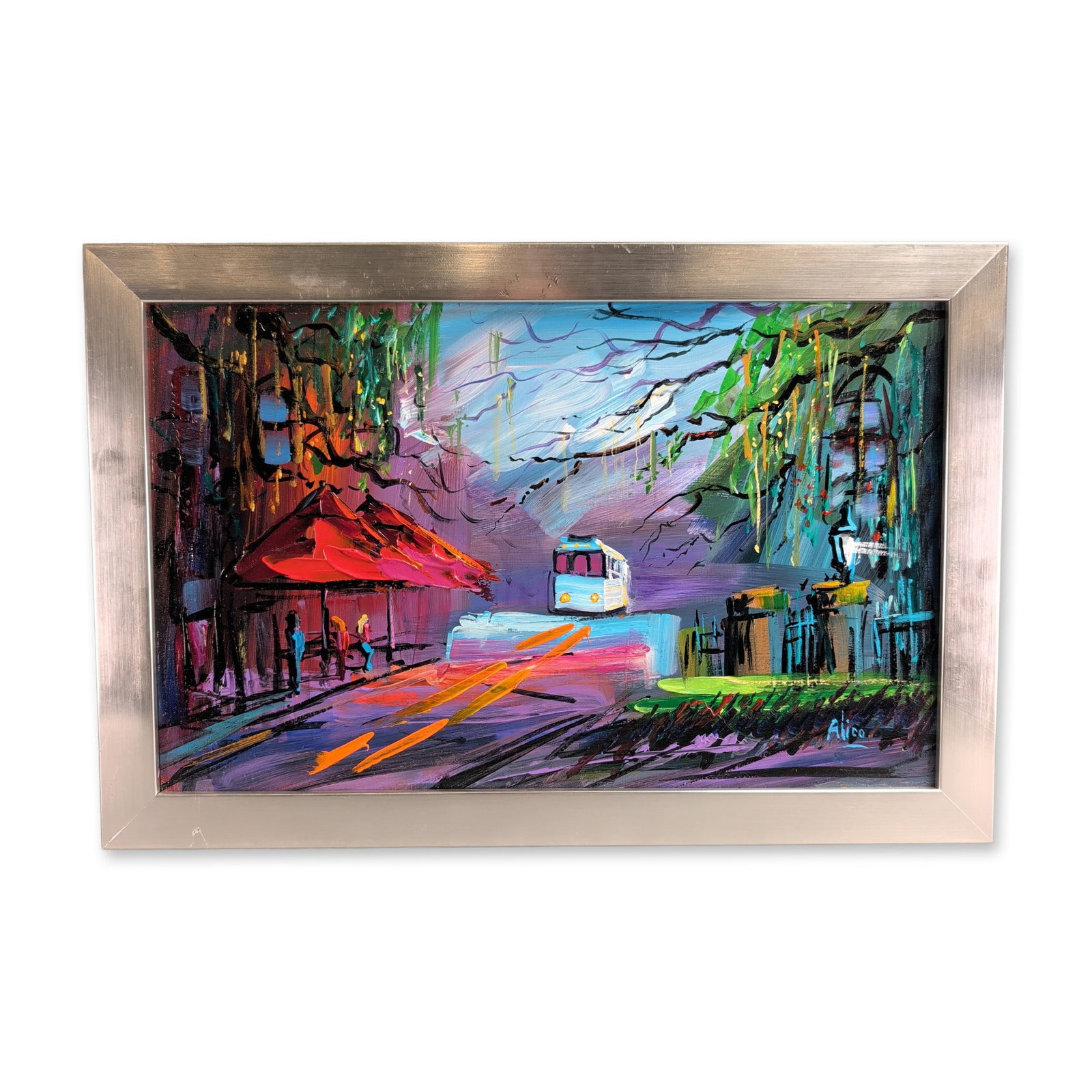 Paul Alico (American, 20th-21st century) Oil on Board, Street Scene, Signed: Paul Alico expressionist street scene rendered in oil on board made with thick impasto. The composition features figures under a tramway stand set within a passage flanked by abstracted foliage and st