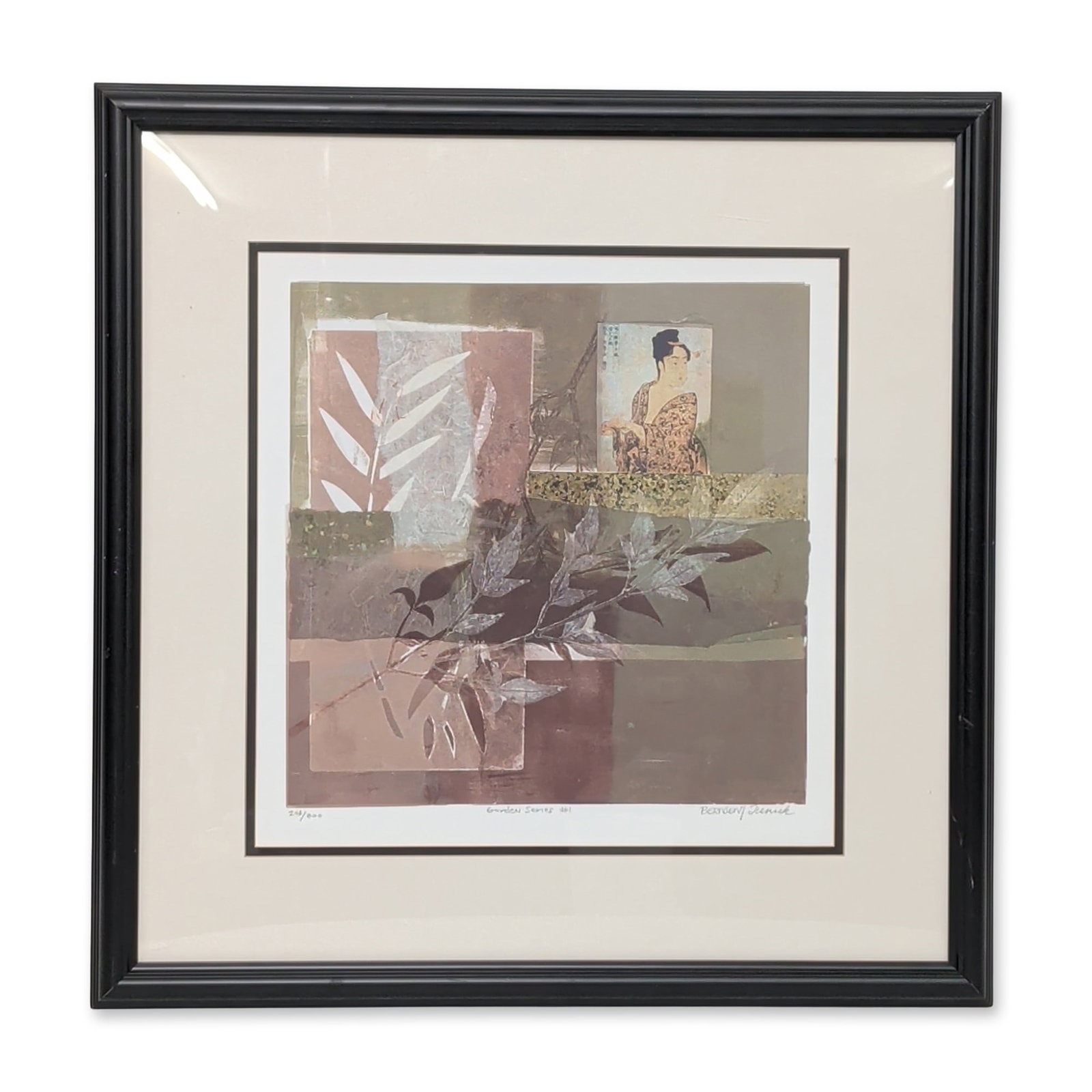 Bernsen-Tunick, Garden Series #1 Serigraph on Paper, Garden Series I, Signed & Numbered: Leslie Bernsen and Connie Tunick (American 20th-21st century) serigraph on paper, titled Garden Series #1. The composition features abstract botanical forms, including layered leafy branches and geome