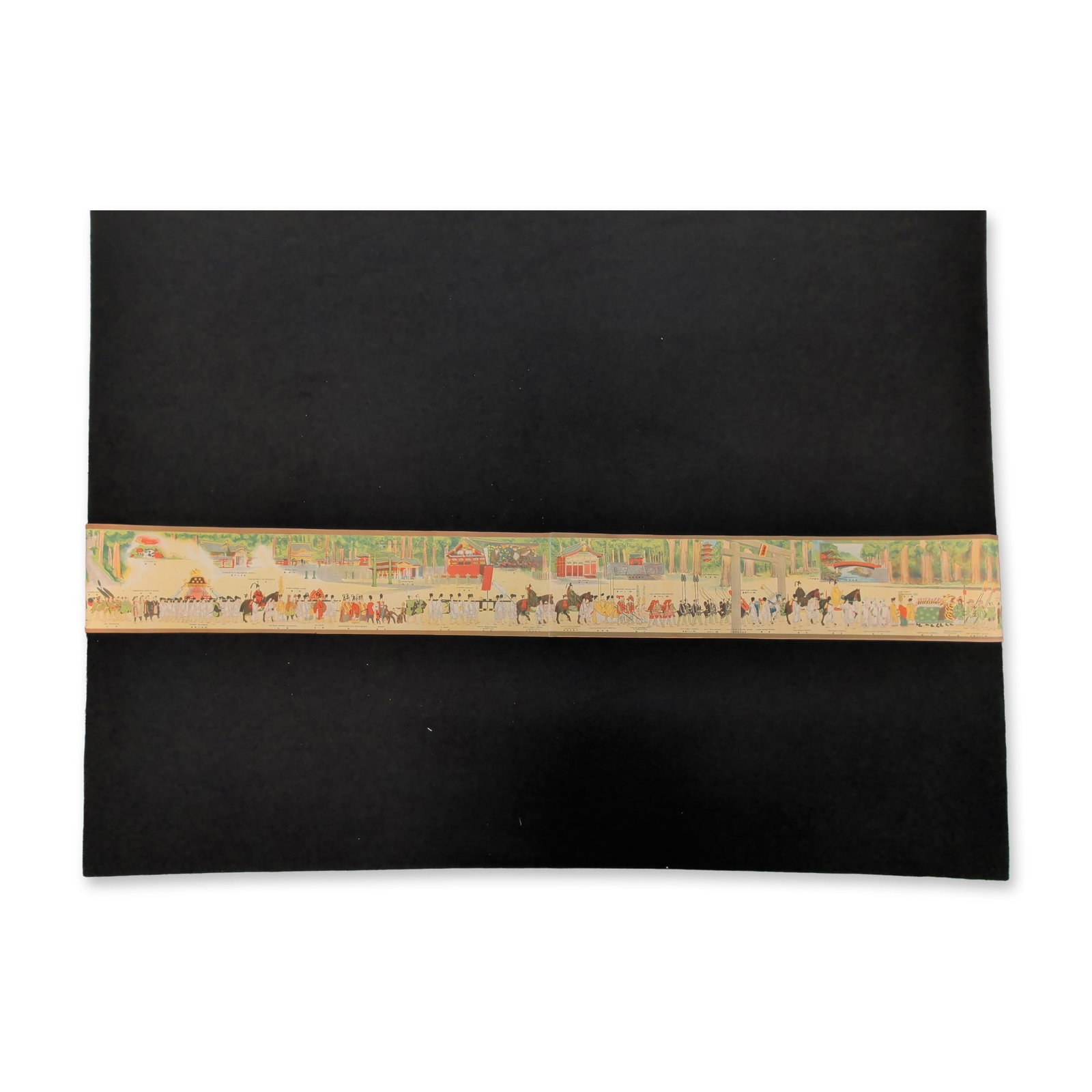 1930 Showa Nikko Toshogu Sennin Gyoretsu Handscroll: Early Showa era emakimono handscroll depicting the Sennin Gyoretsu or Procession of a Thousand Warriors at the Nikko Toshogu Shrine in Tochigi Prefecture. This color lithograph on paper features a con