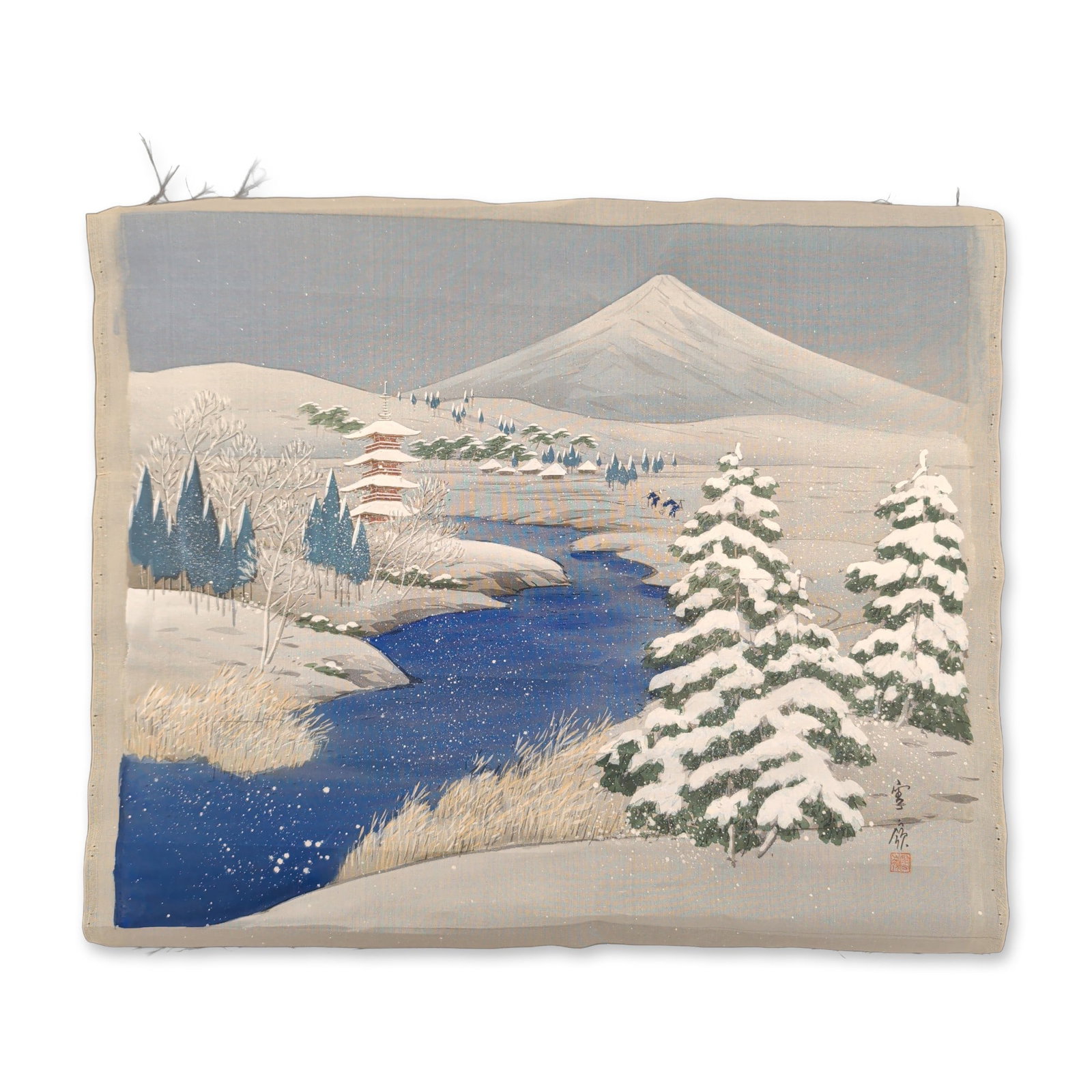 Japanese Painted Silk Landscape Painting, Snowy Peaks, Signed: Japanese 20th-century traditional landscape hand-painted on silk fabric using mineral pigments and gofun, depicting a winter scene with Mount Fuji, a three-story pagoda, and snow-laden evergreen trees