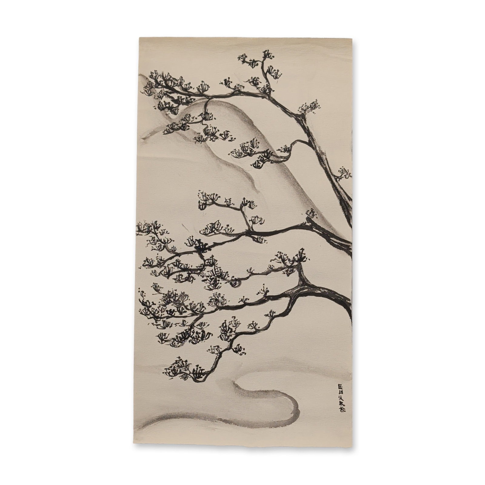 Japanese Ink on Paper Flowering Plum Branch Painting (1 of 4)