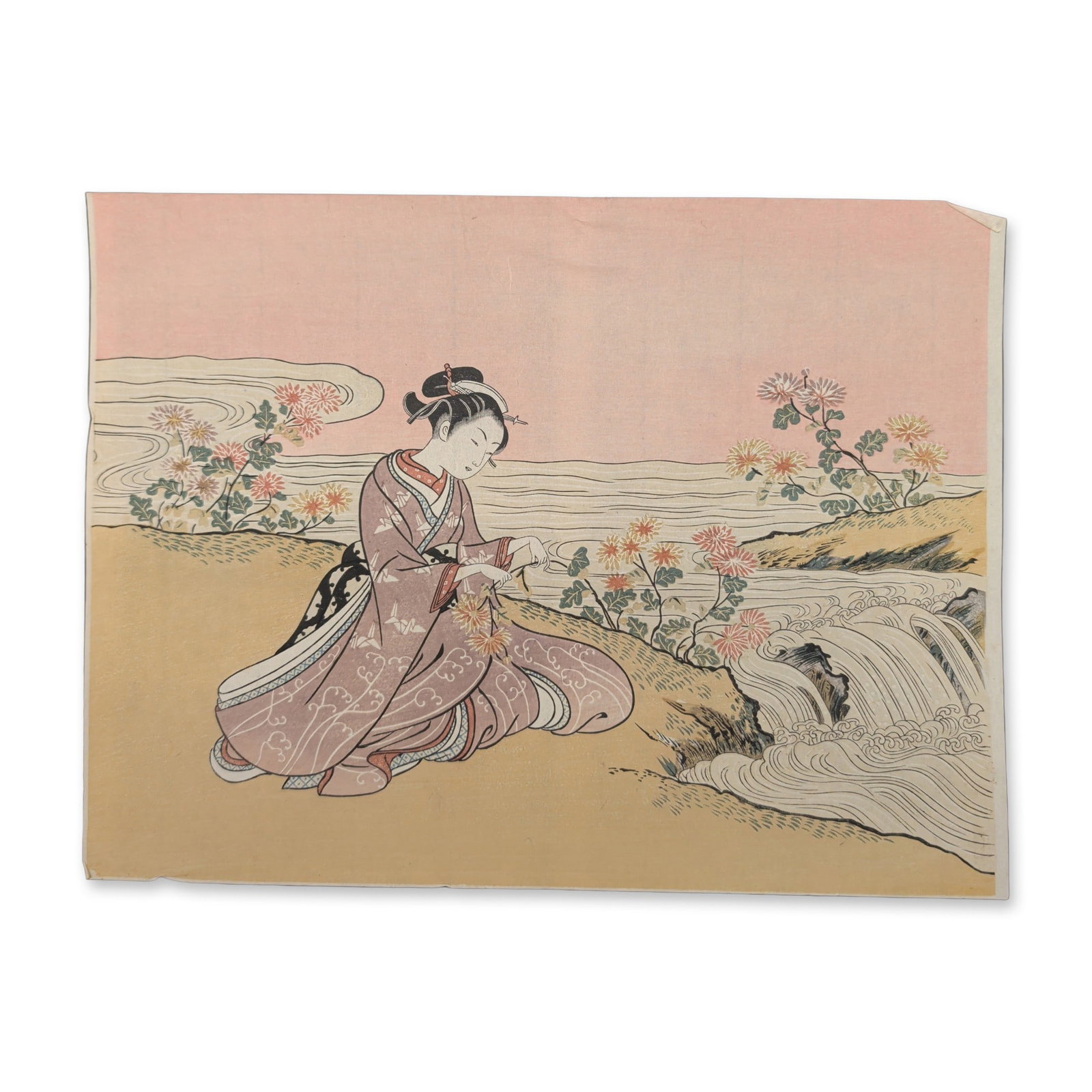 After Suzuki Harunobu (Japanese, 1725-1770), Woodcut on Paper, Mitate of Kikujido: Suzuki Harunobu woodblock print on paper in the nishiki-e technique, titled Mitate of Kikujido. The work depicts a seated young woman on a riverbank surrounded by chrysanthemums, serving as a parodic 