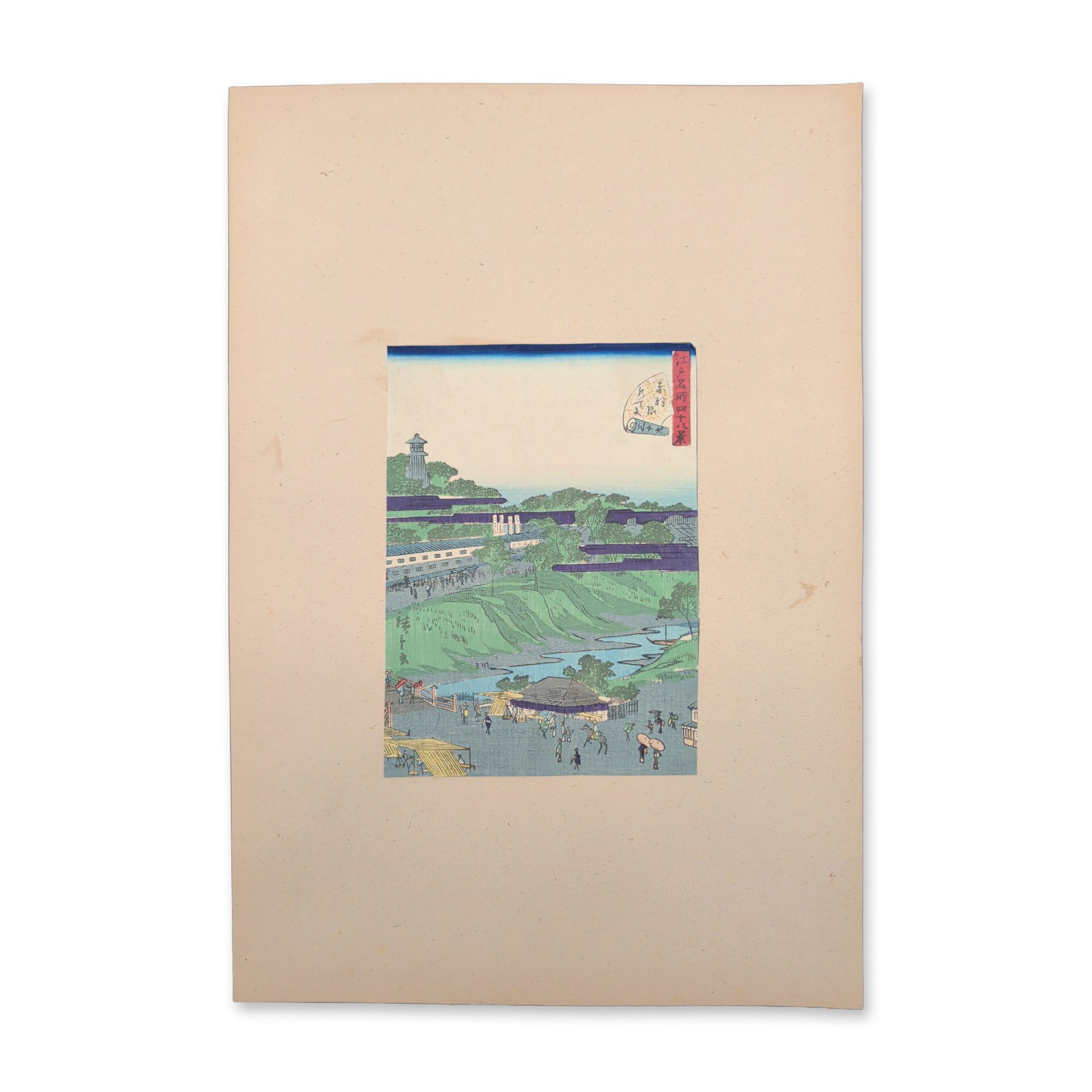 Utagawa Hiroshige II (Japanese 1826-1869), Woodblock Print from Forty-eight Views of Famous Places: A 19th-century Japanese color woodblock print on paper by Utagawa Hiroshige II from the series Forty-eight Views of Famous Places in Edo, titled Akasaka Kuichigai. The composition depicts a panoramic 